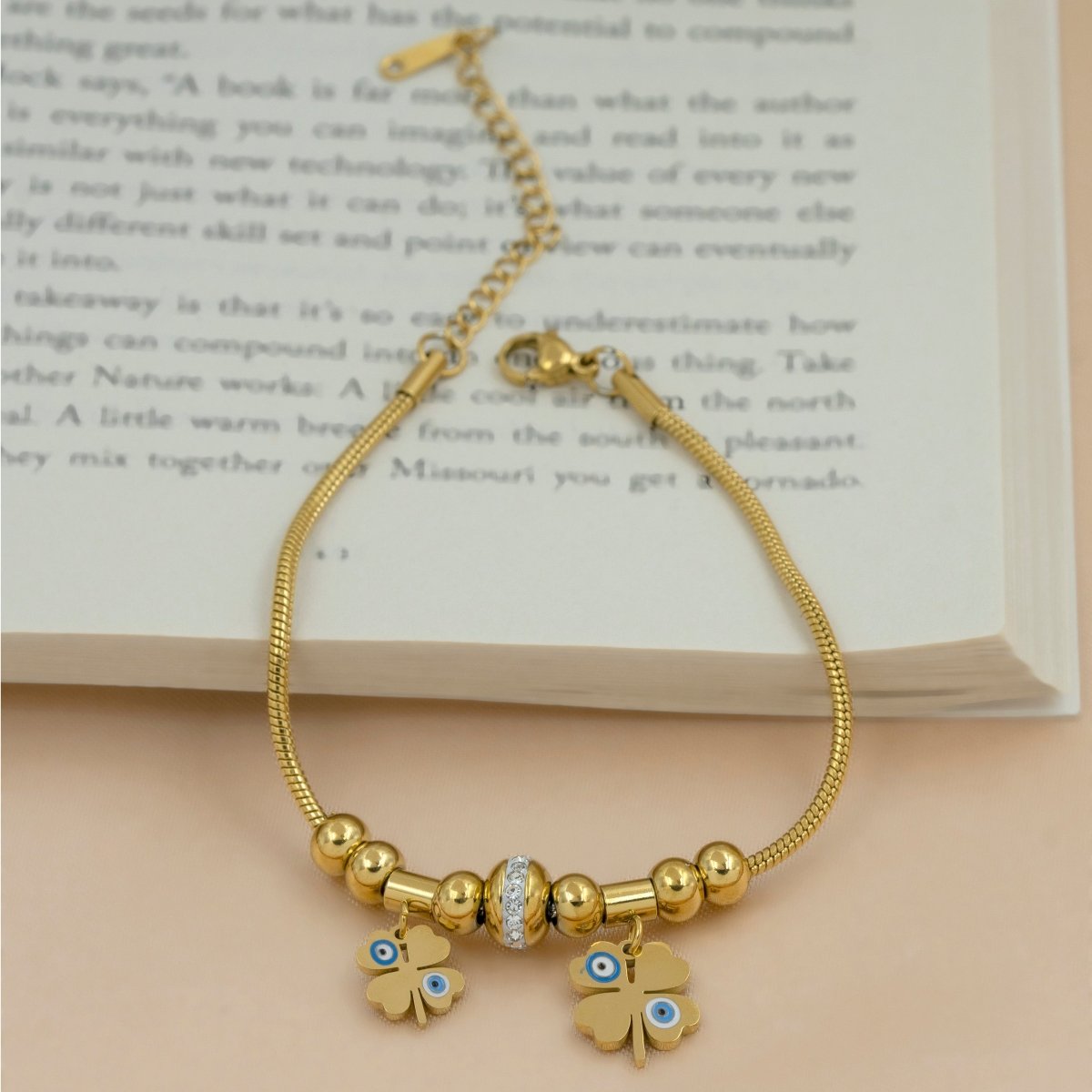 Artklim Gold Plated Evil Eye On Clover Leaves Charms Bracelet