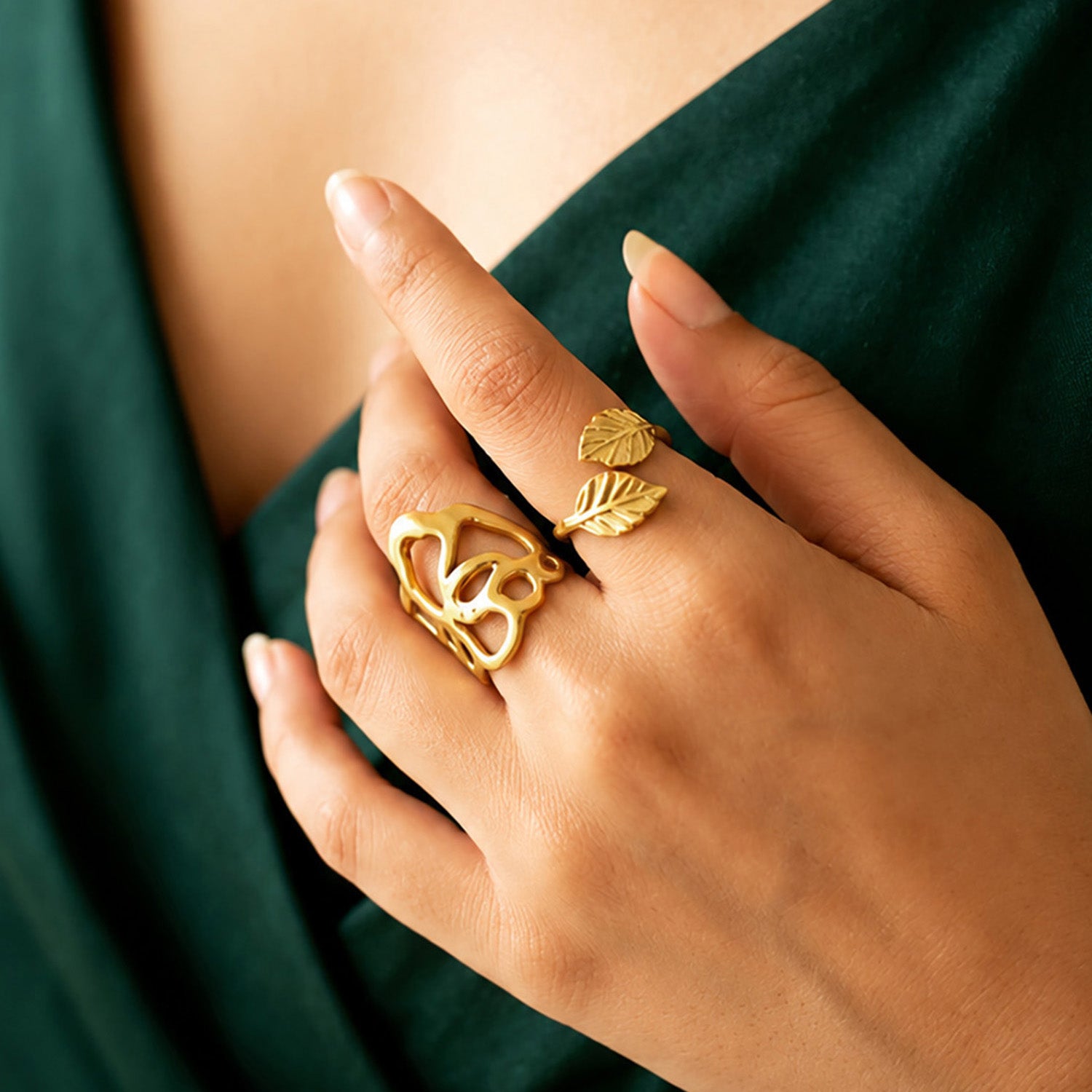 Artklim Nature Leaf Dual Adjustable Anti-Tarnish Ring Set