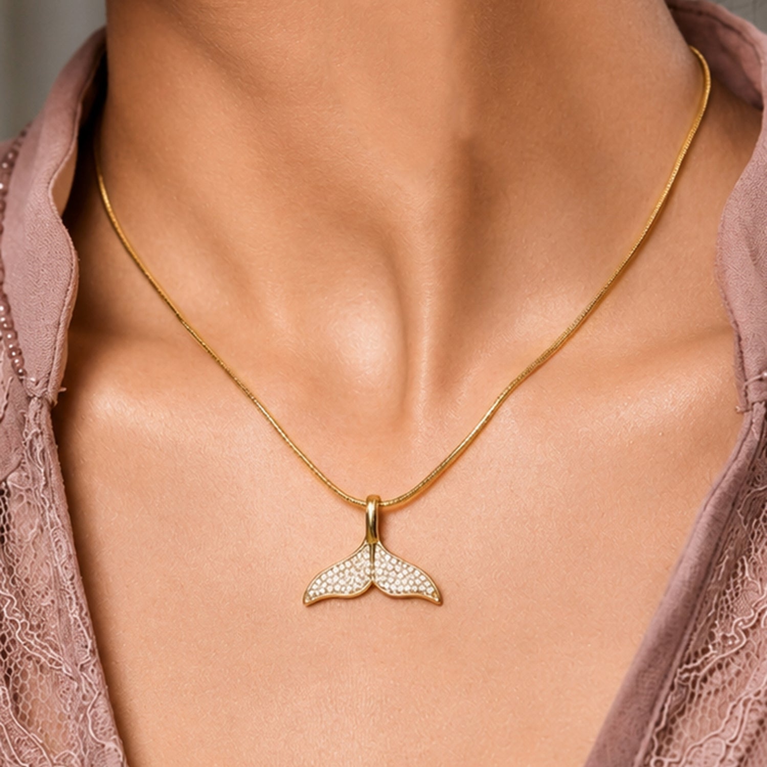 Artklim Crystal Whale Tail Charm Anti-Tarnish Pendant Necklace