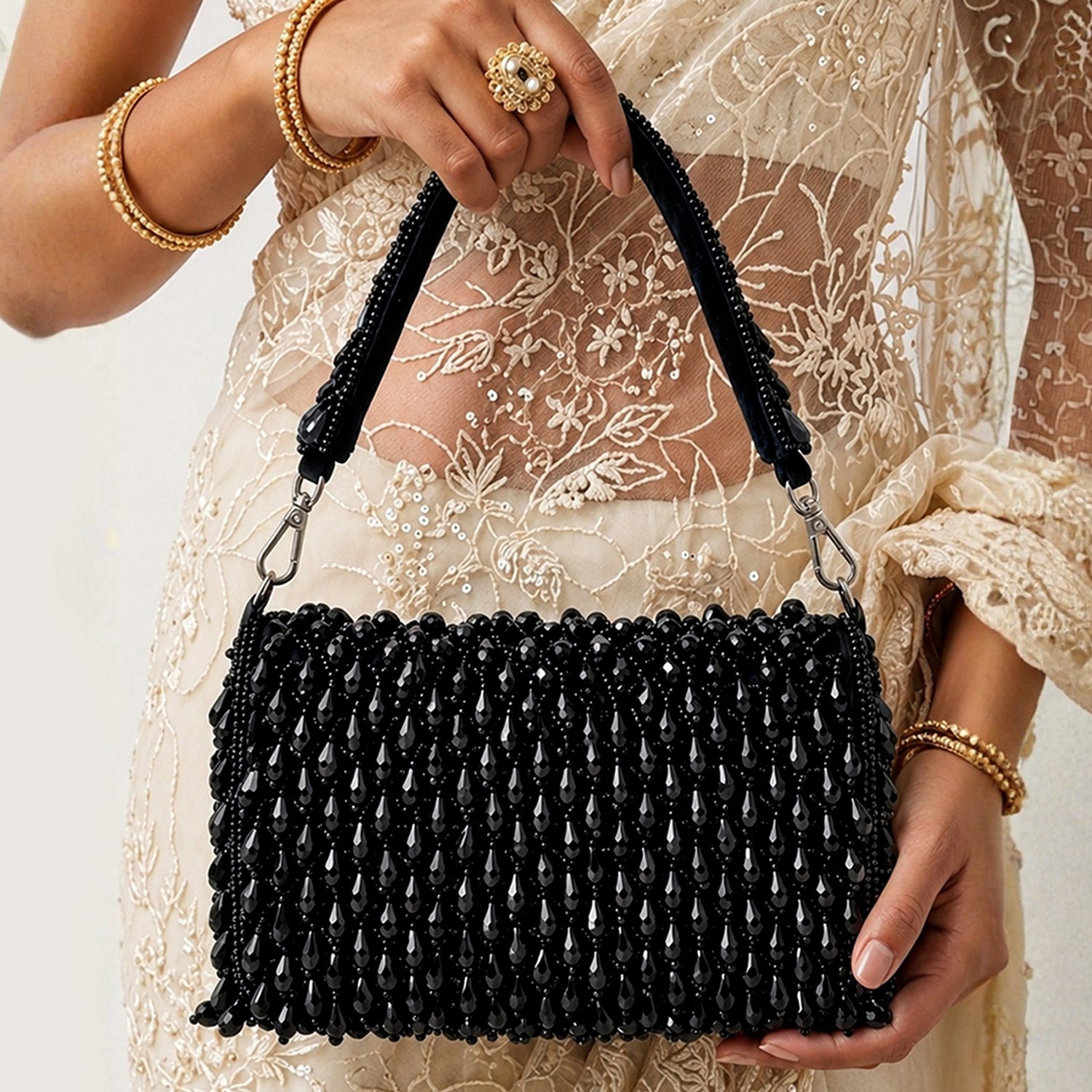 Artklim Black Beaded Fringe Clutch