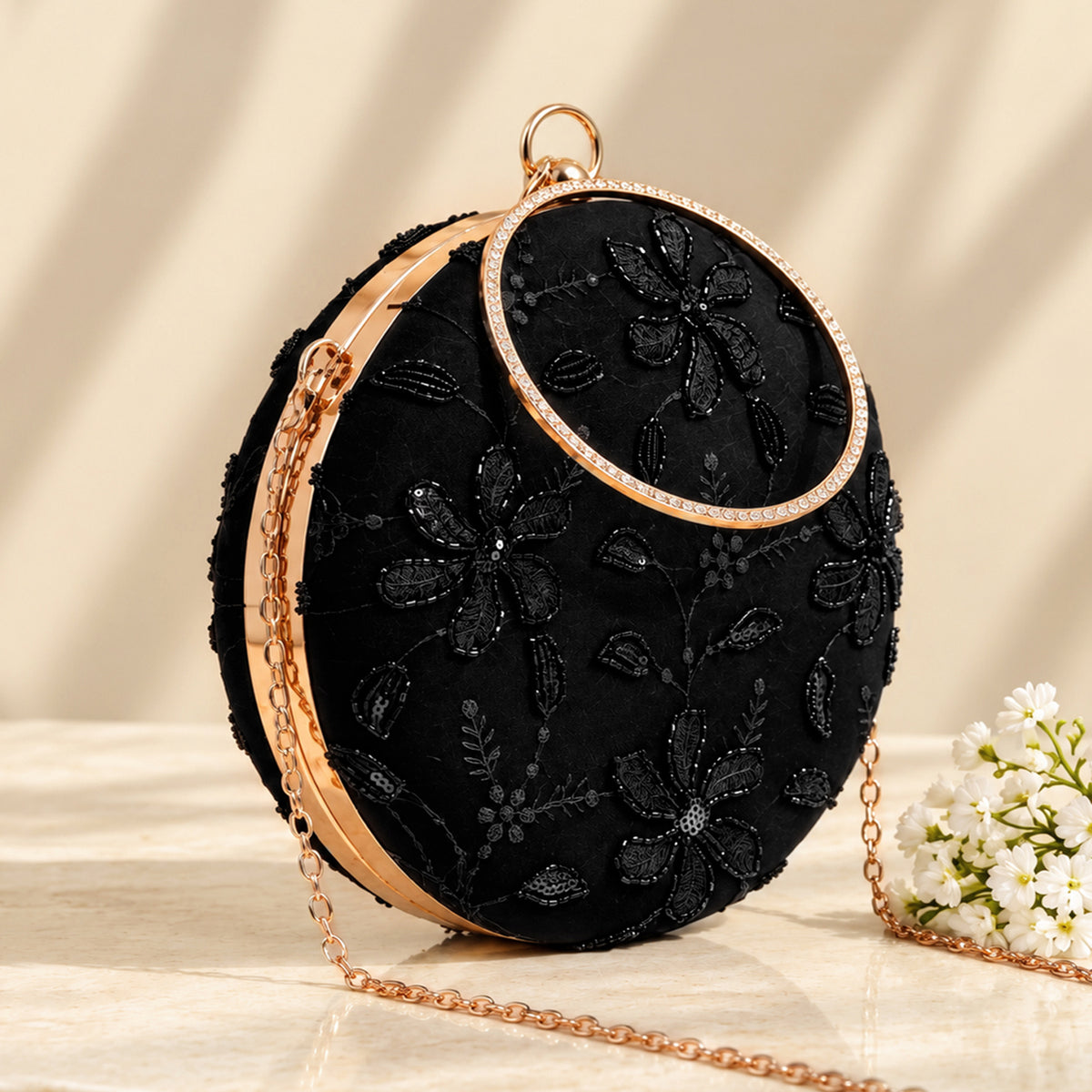 Artklim Premium Black Floral Embroidered Round Clutch Bag with Golden Crystal Ring Handle