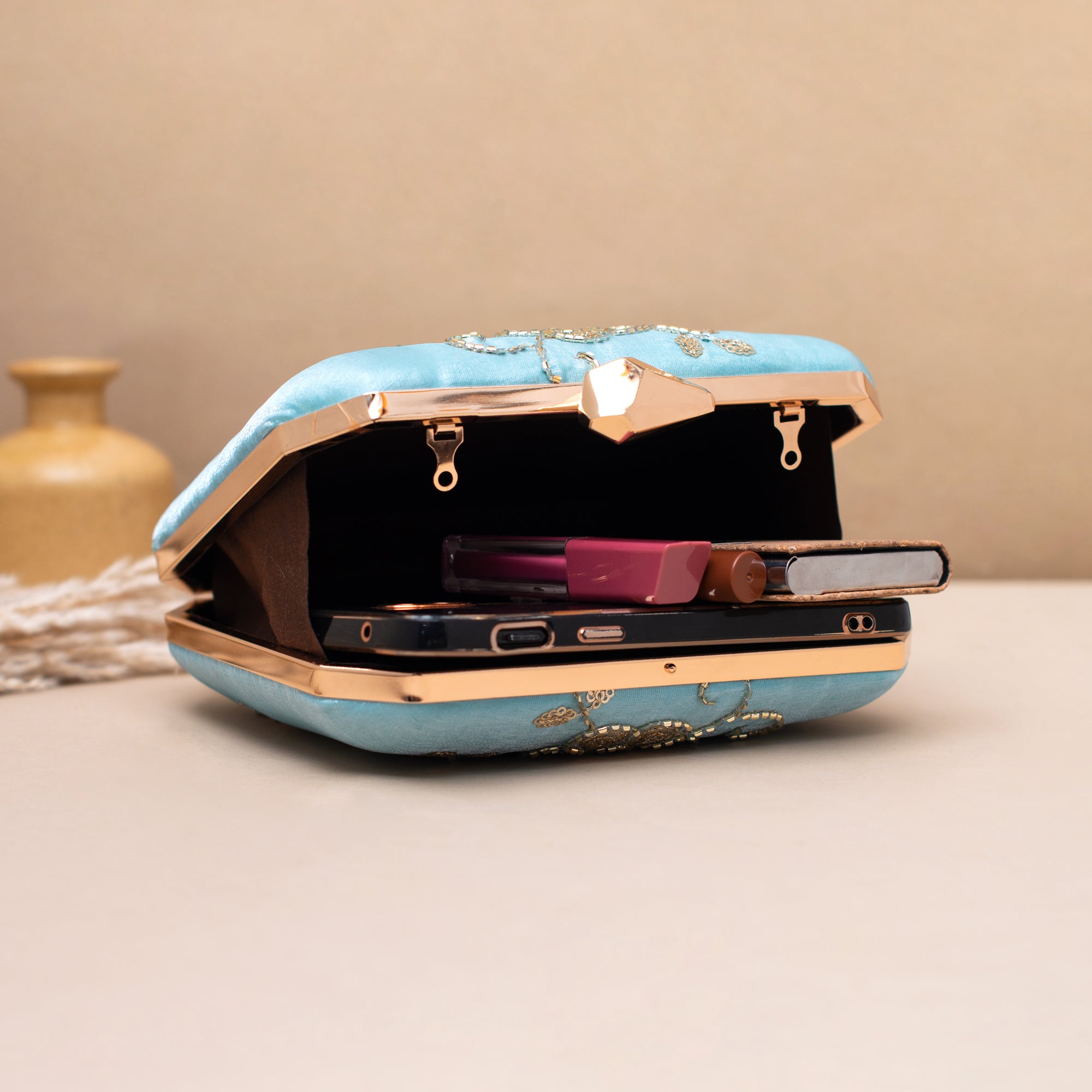 Artklim Elegant Sky Blue Gold Thread Embroidered Clutch