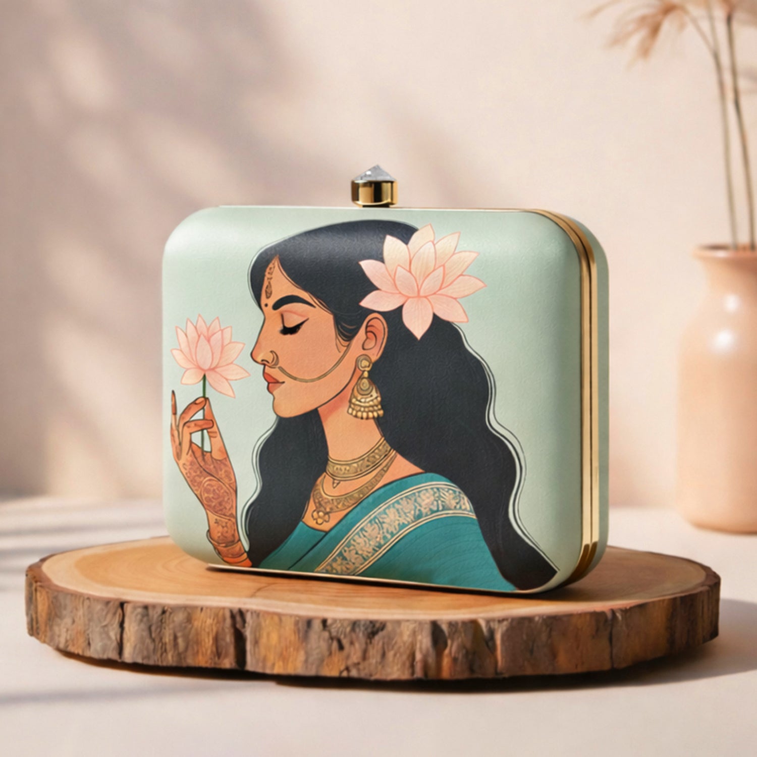 Artklim Pastel Green Based Lotus Lady Printed Clutch