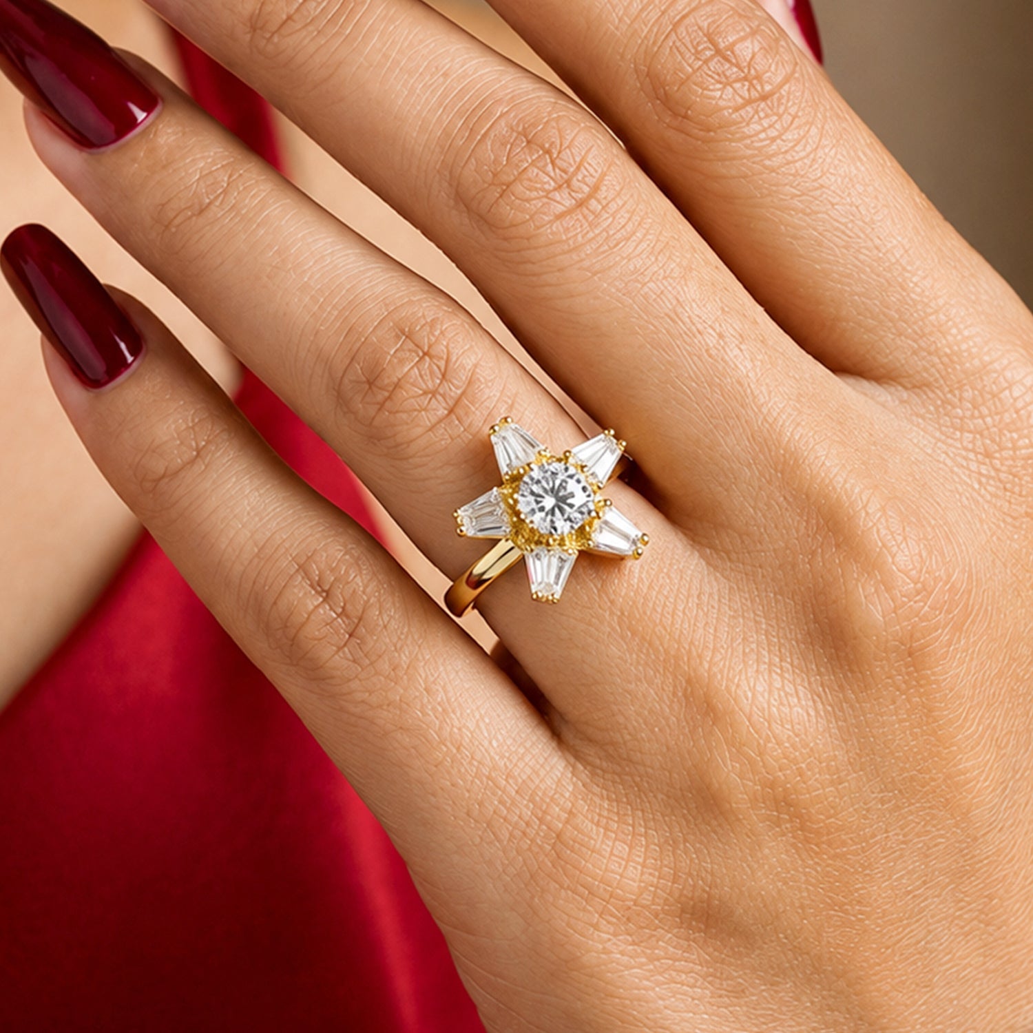 Artklim Gold Radiant Revolving Starburst Crystal Adjustable Anti-Tarnish Copper Ring