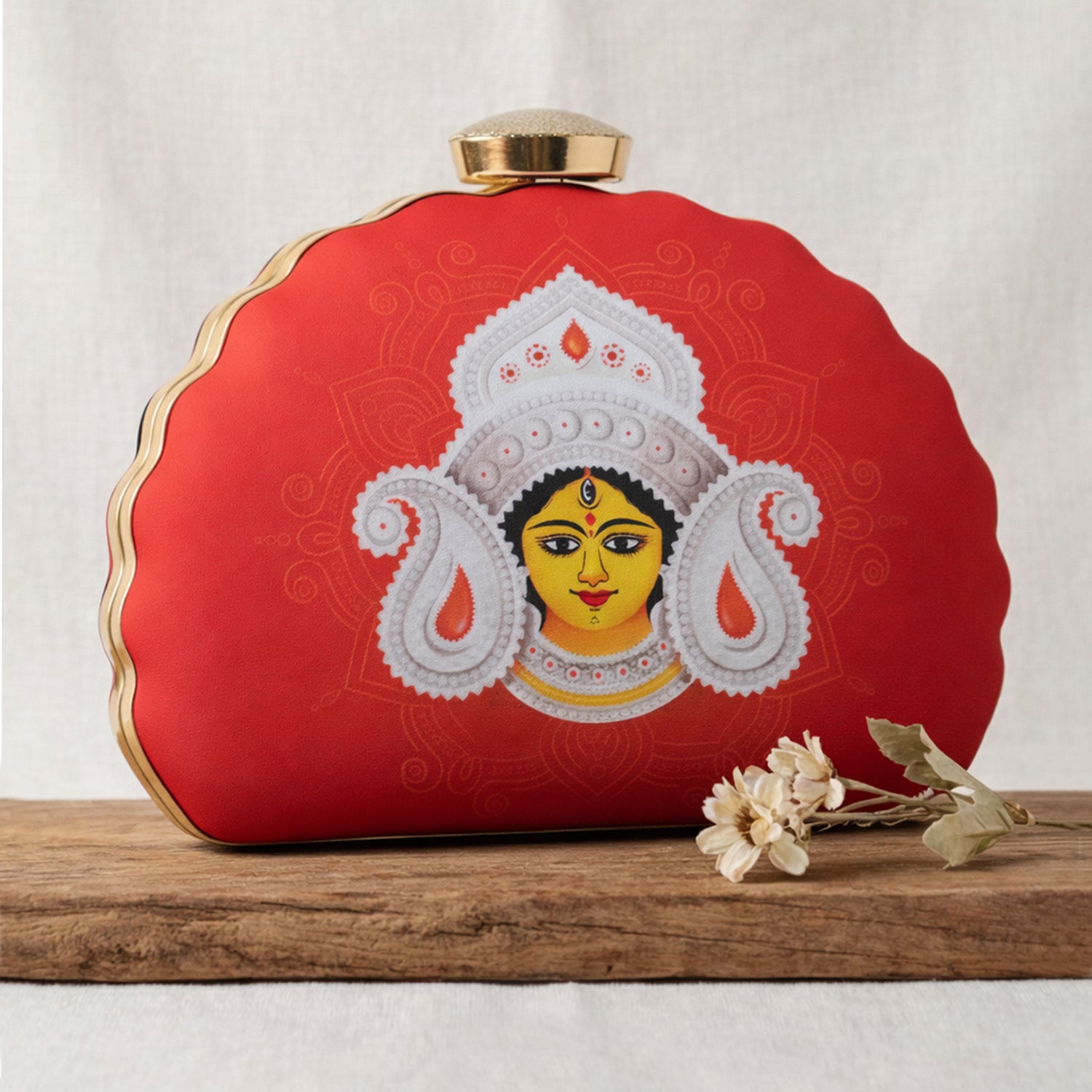 Artklim Red Durga Face Printed D-Shape Clutch