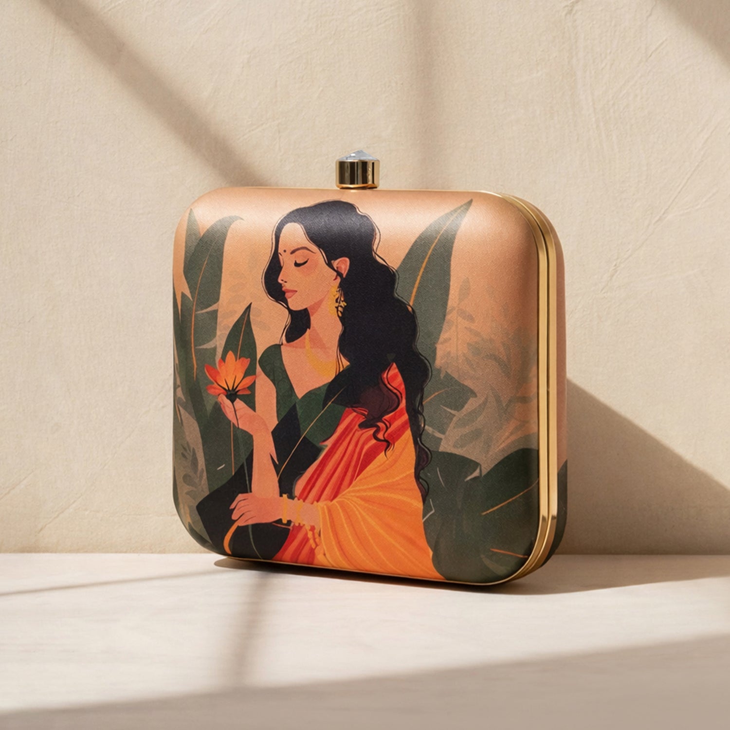 Beige Based Indian Woman In Yellow Saree Printed Clutch