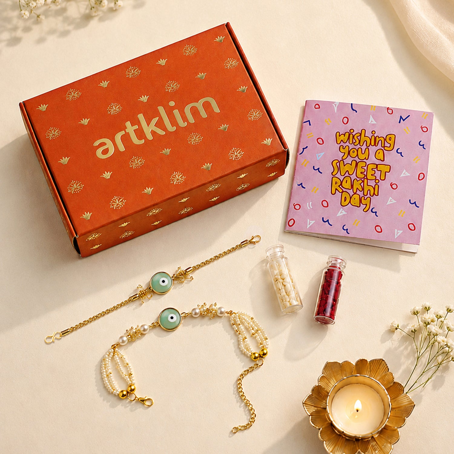 Artklim Mint Evil Eye Pearl Bhaiya Bhabhi Rakhi Set