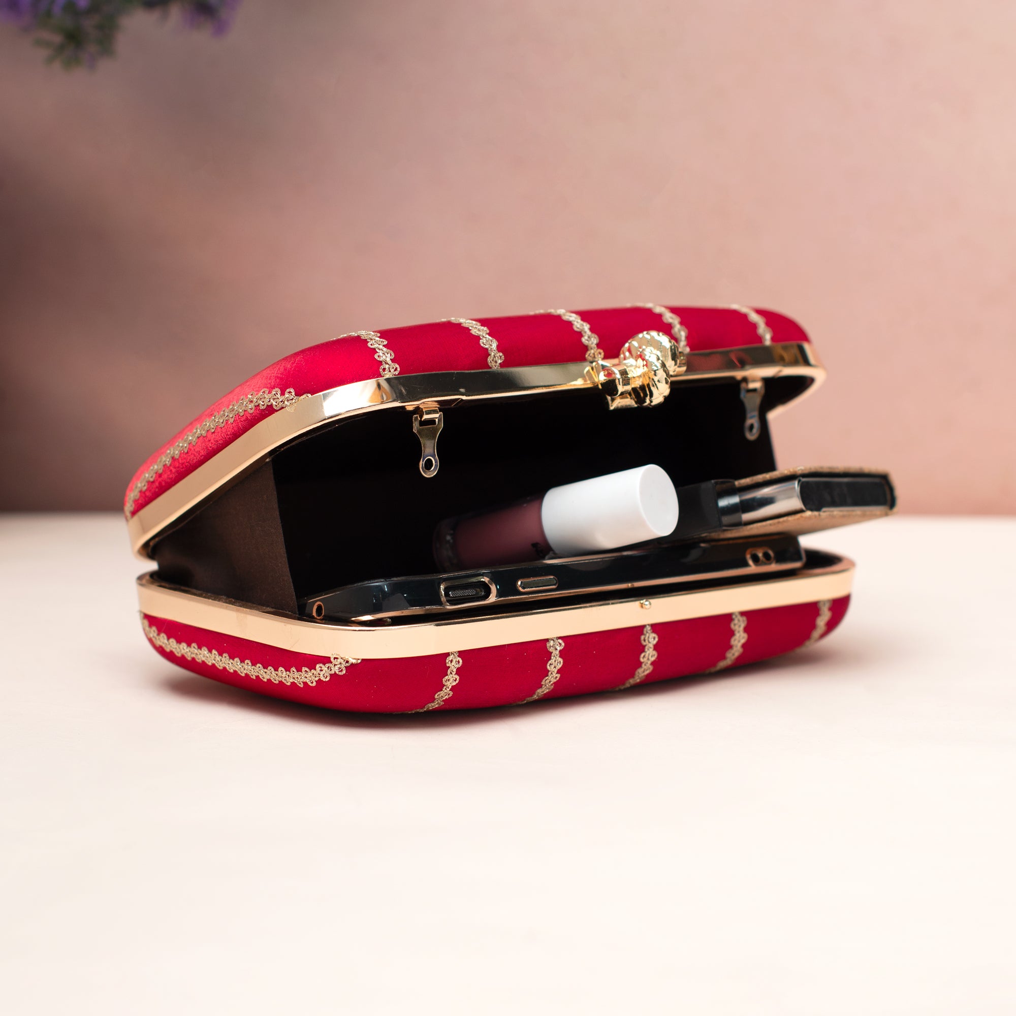 Artklim Vivid Pink Gold-Detail Embroidered Clutch