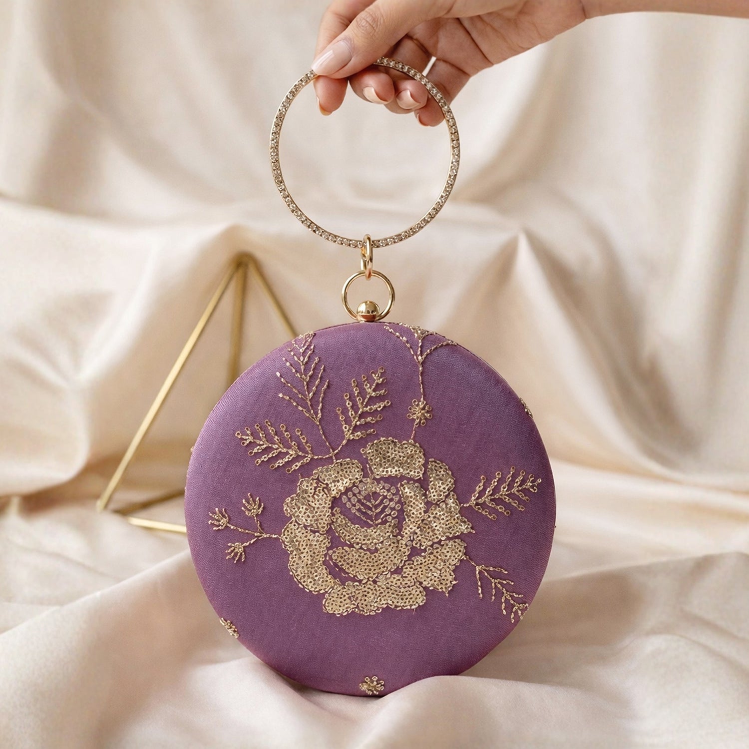 Artklim Lavender Floral Embroidered Round Clutch