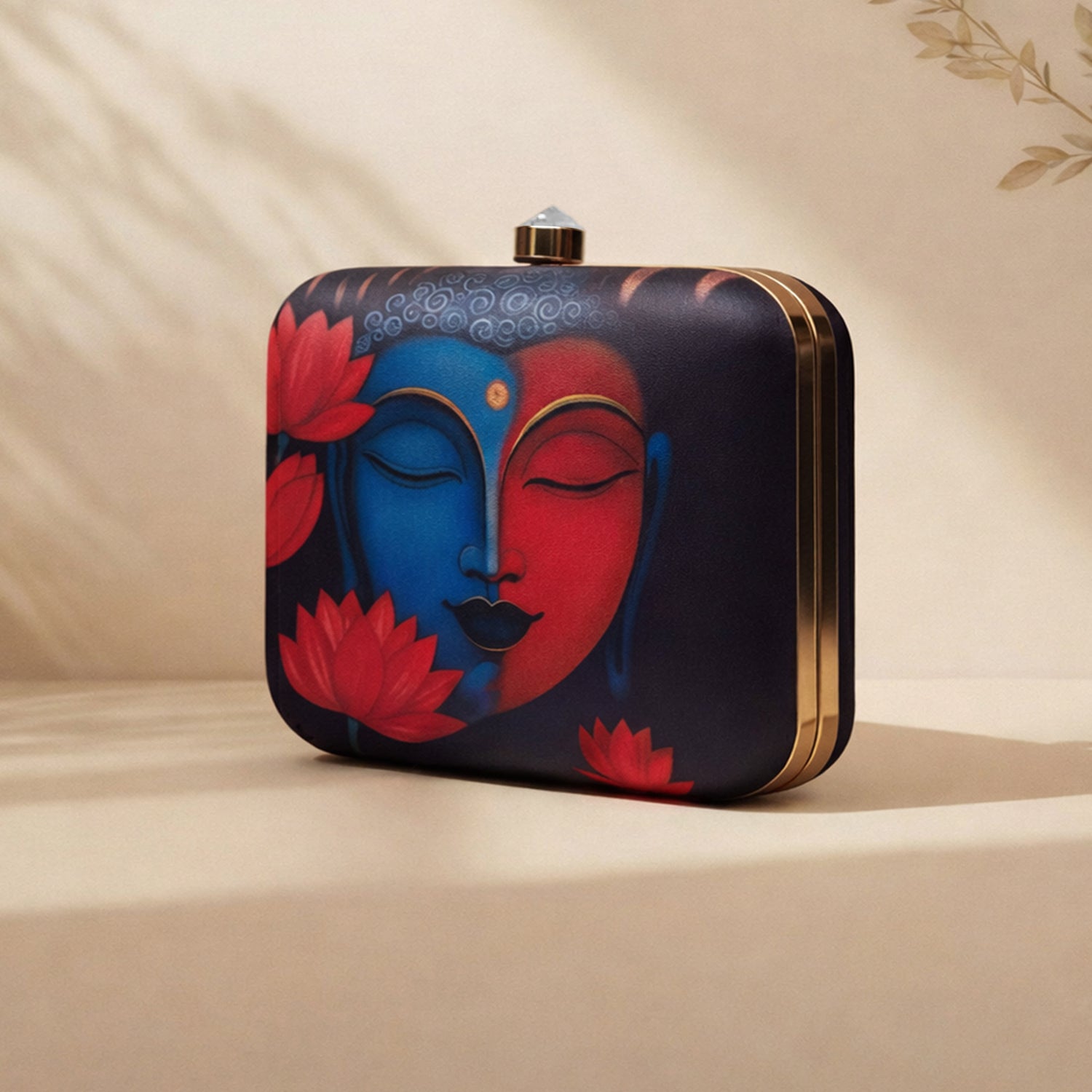 Artklim Black Based Buddha With Lotus Flower Printed Clutch