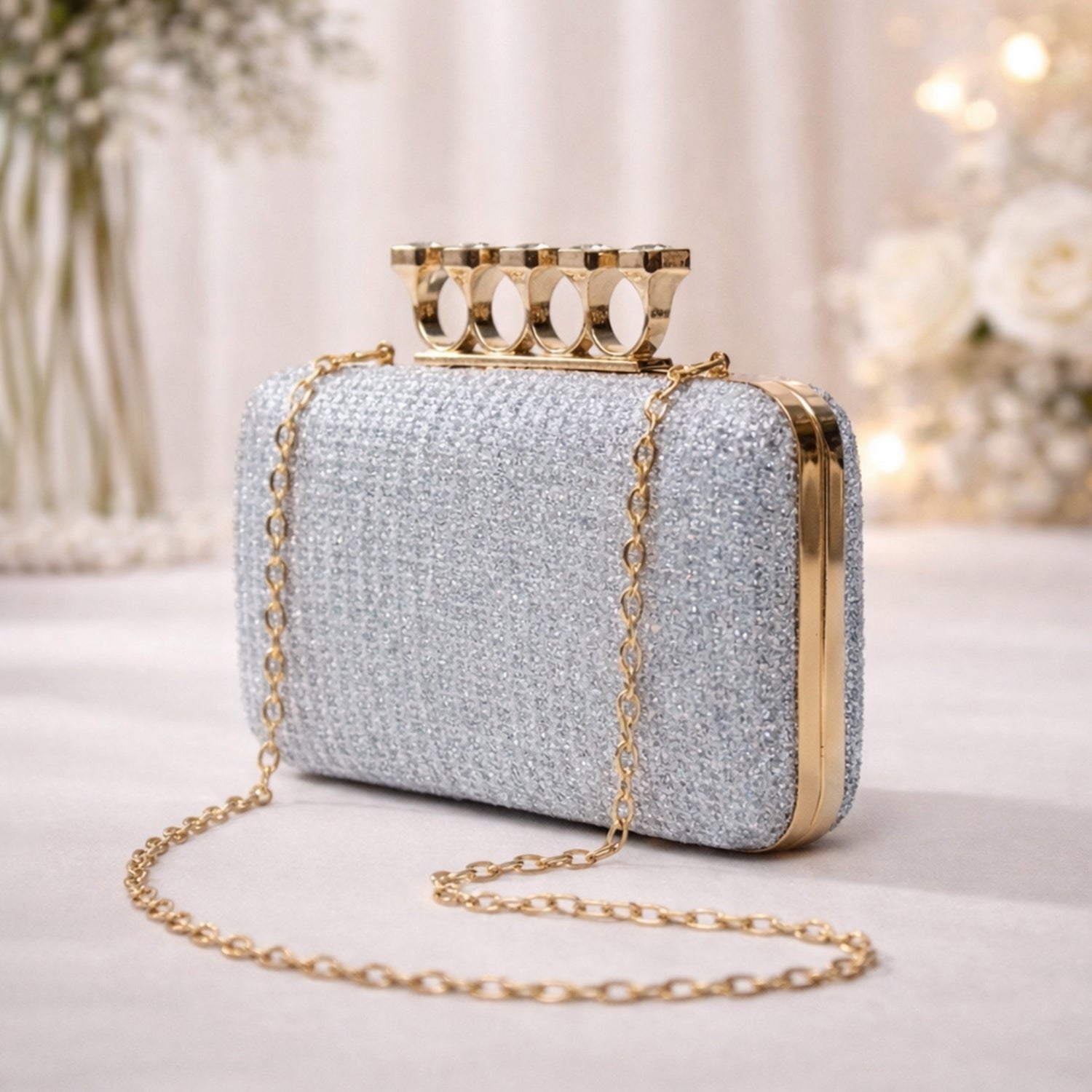 Artklim Silver Stylish Midnight Luxe Glitter Embroidery Clutch