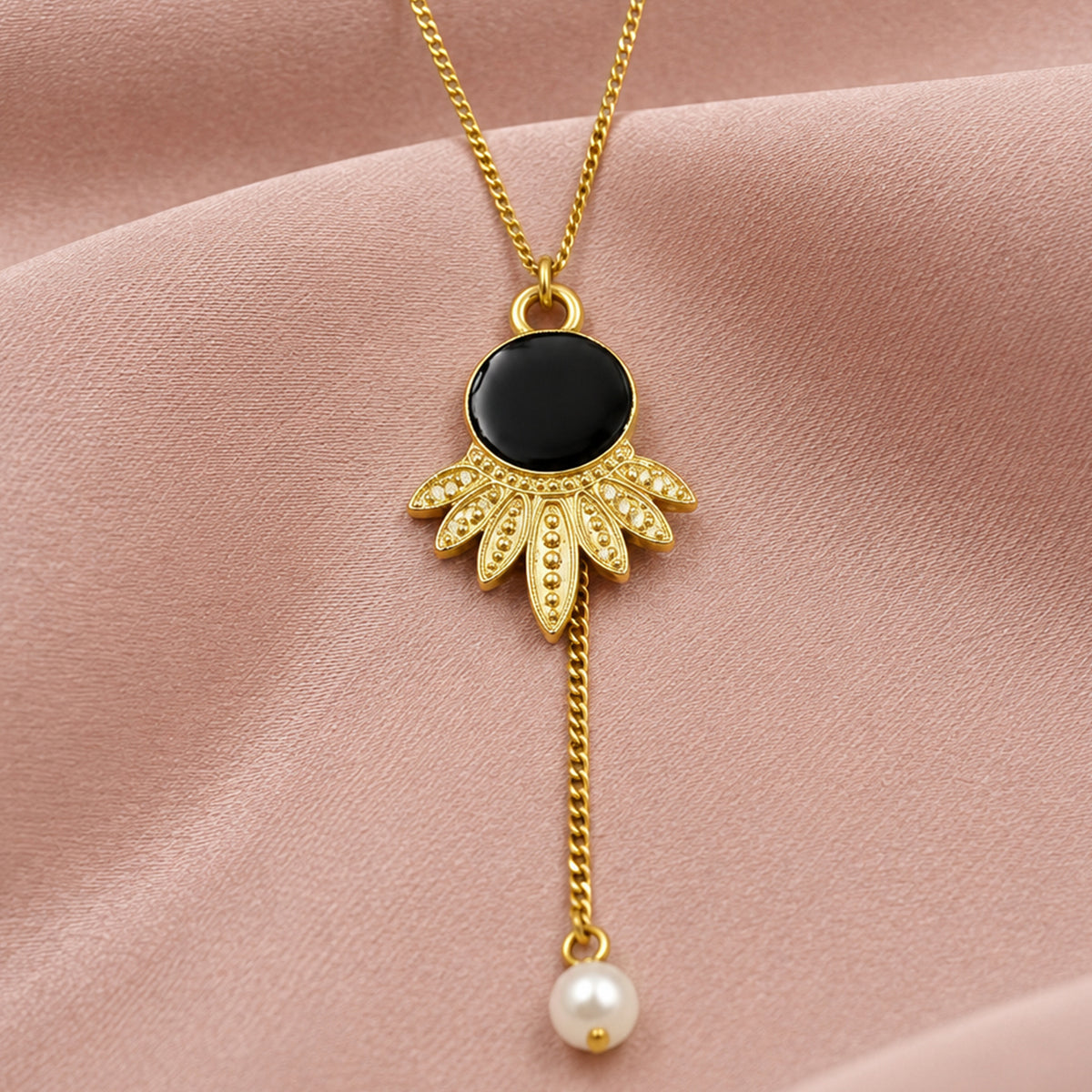 Artklim Black Stone Floral Drop Anti-Tarnish Pendant Necklace