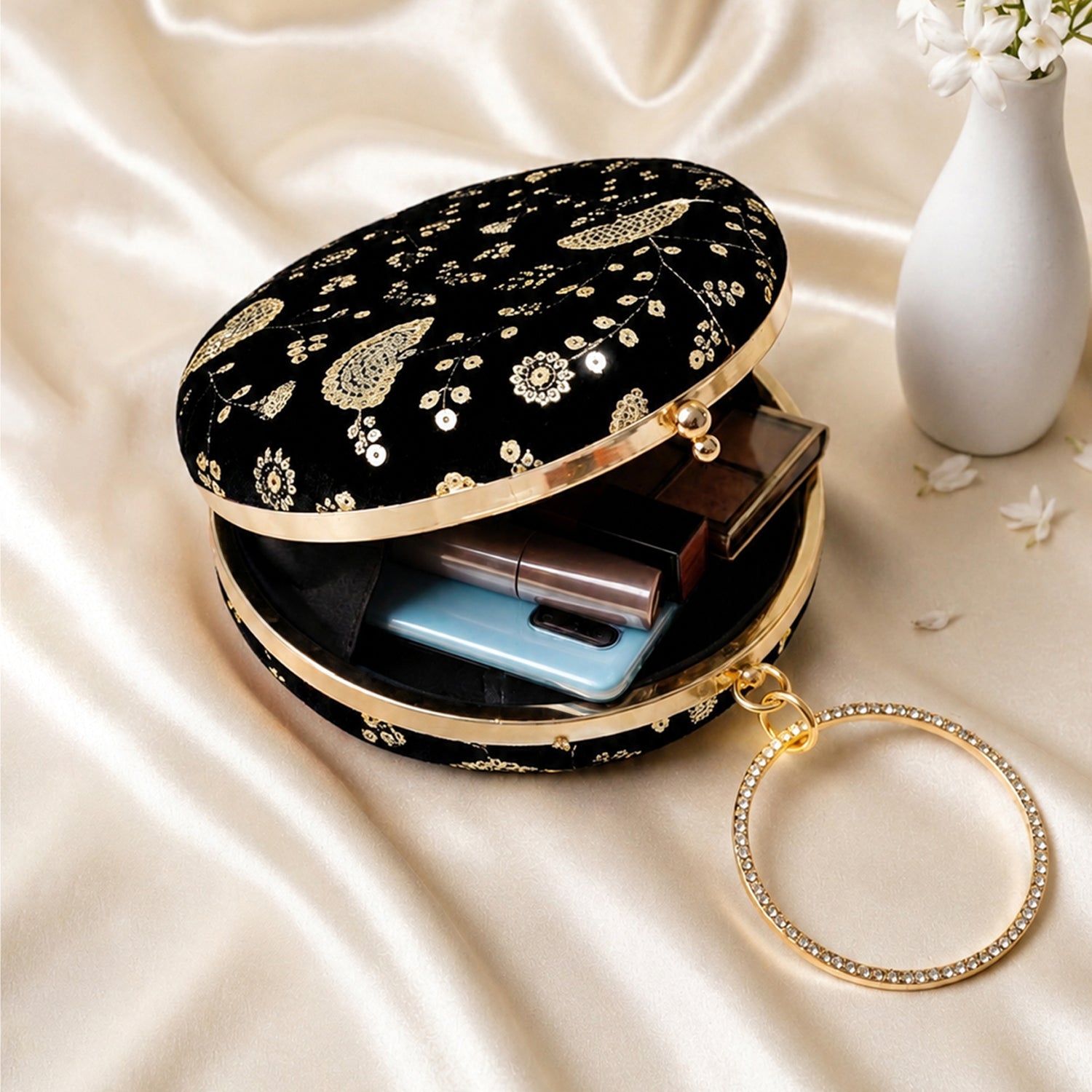 Artklim Black Floral Embroidered Round Handle Designer Clutch