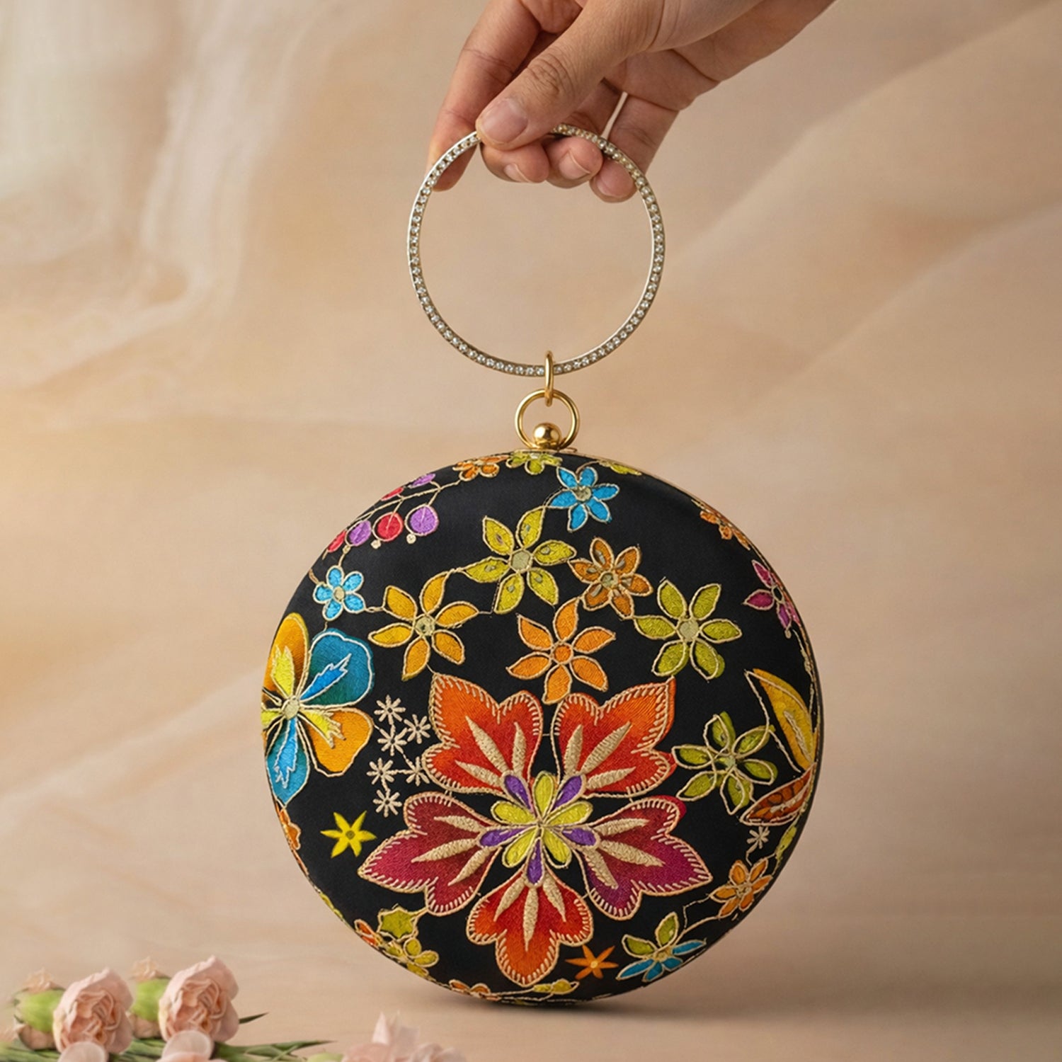 Artklim Royal Black Floral Round Embroidered Clutch