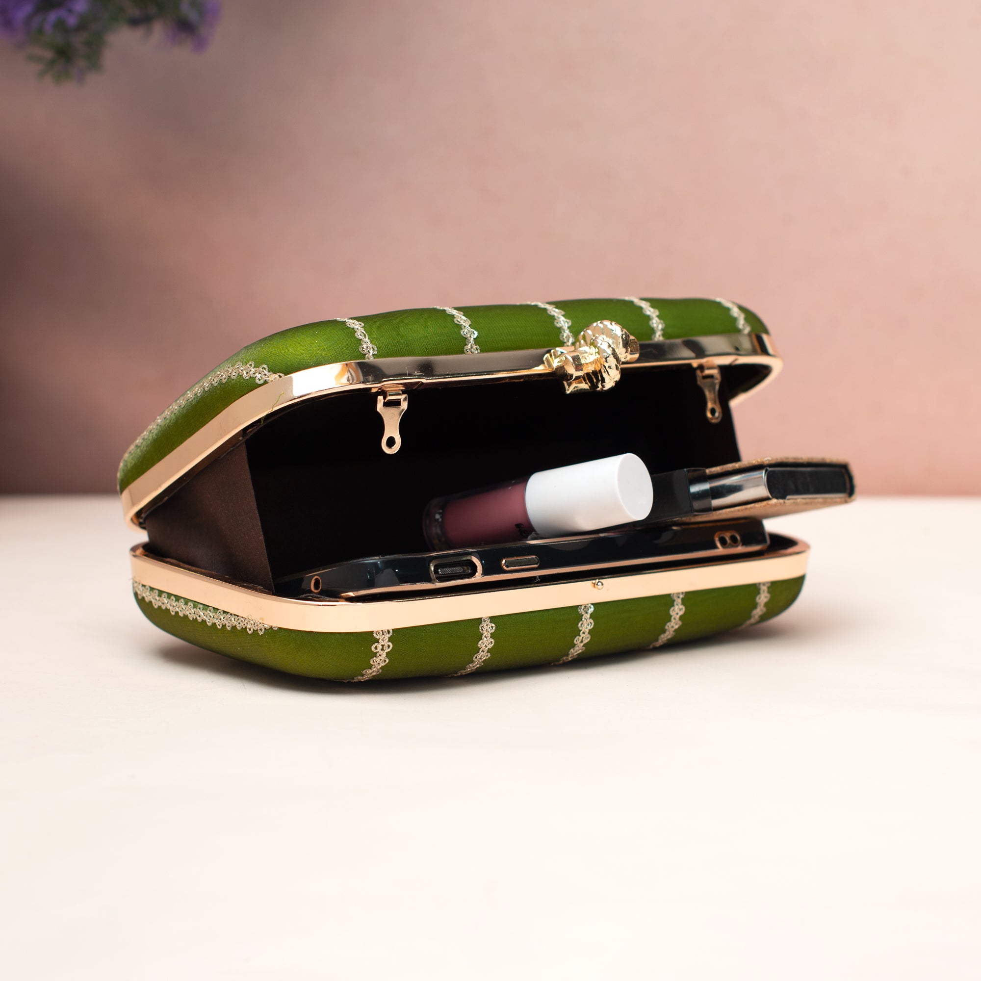 Artklim Olive Green Gold-Striped Embroidered Clutch