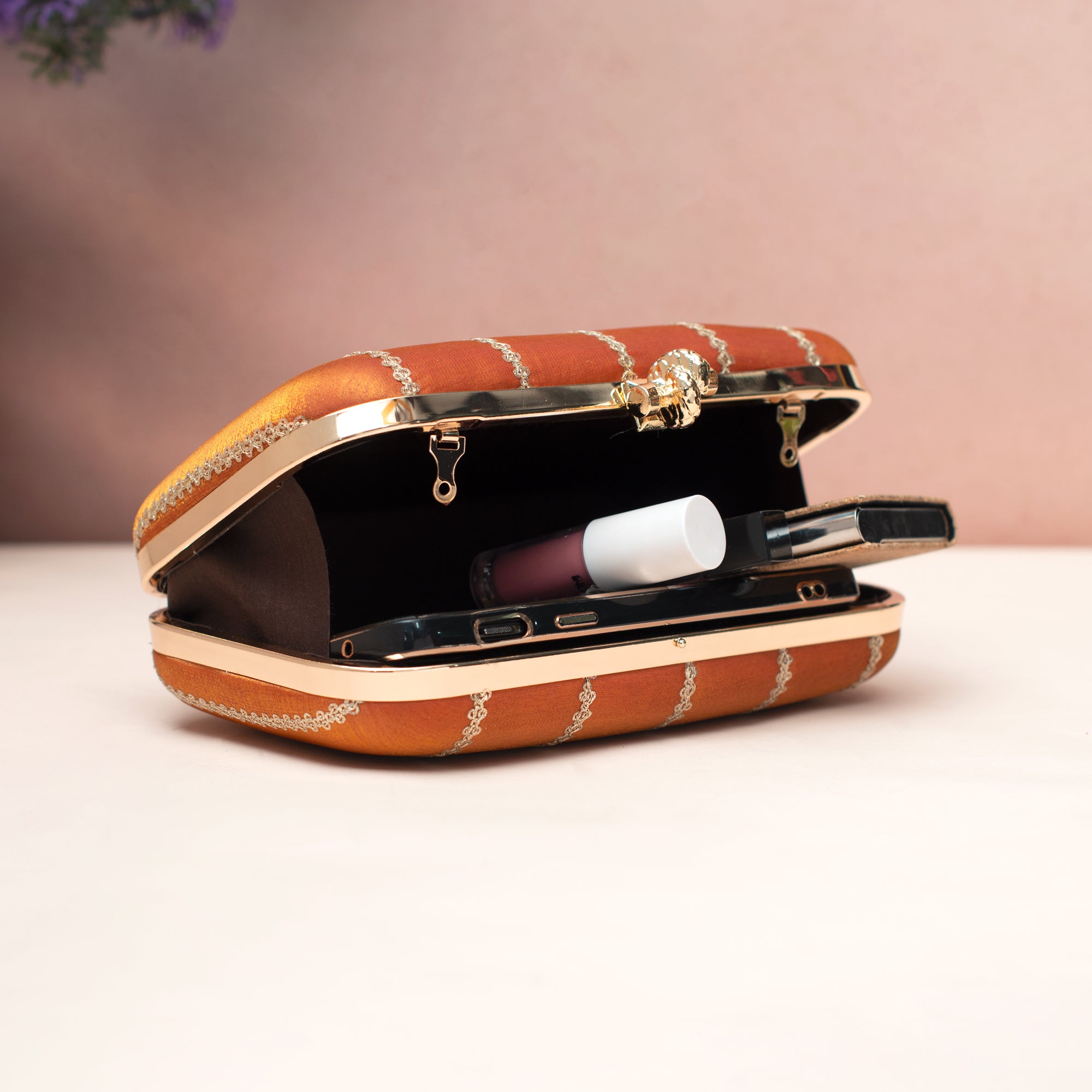 Artklim Elegant Orange Satin Embroidered Clutch