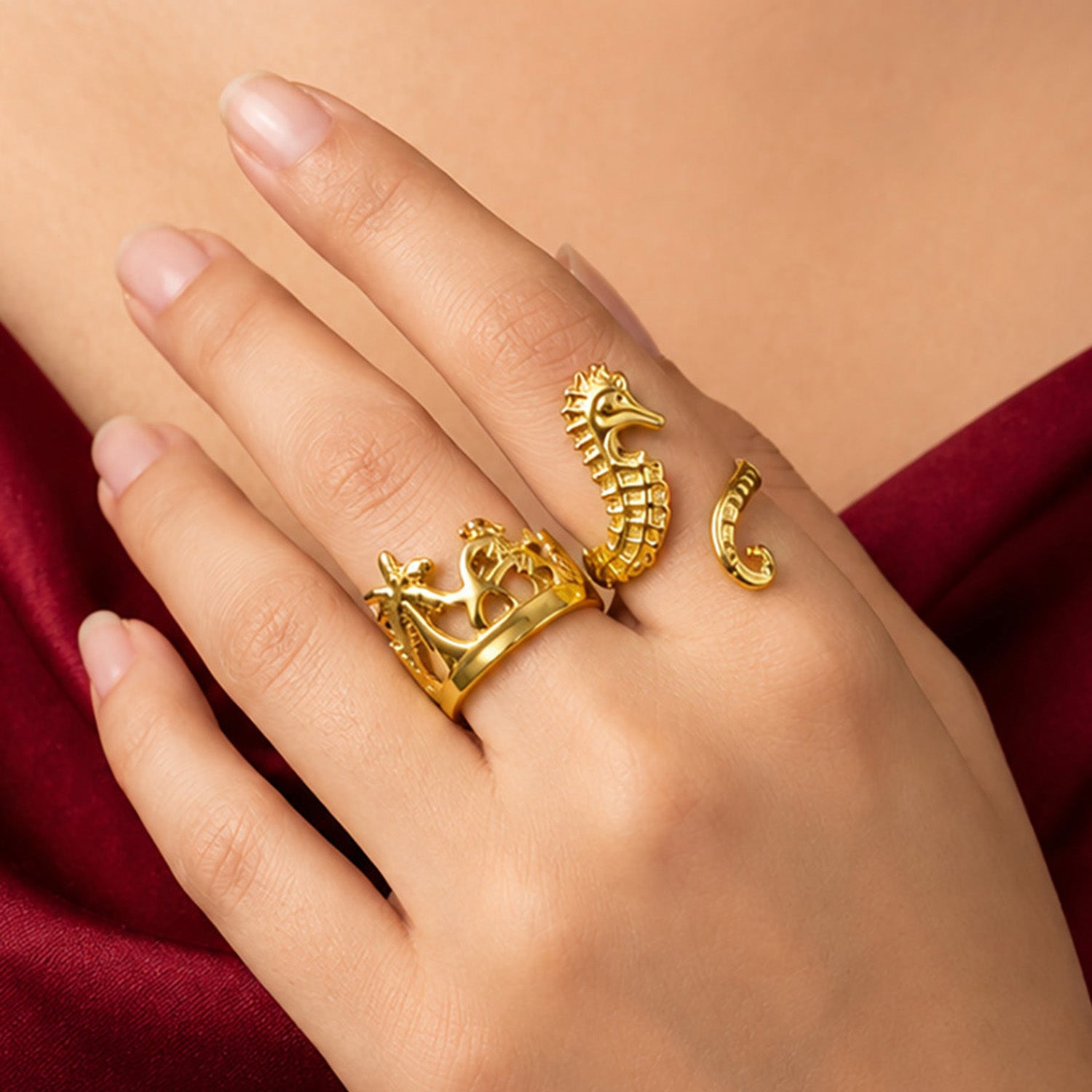Artklim Seahorse & Ocean Charm Pair Adjustable Anti-Tarnish Ring Set