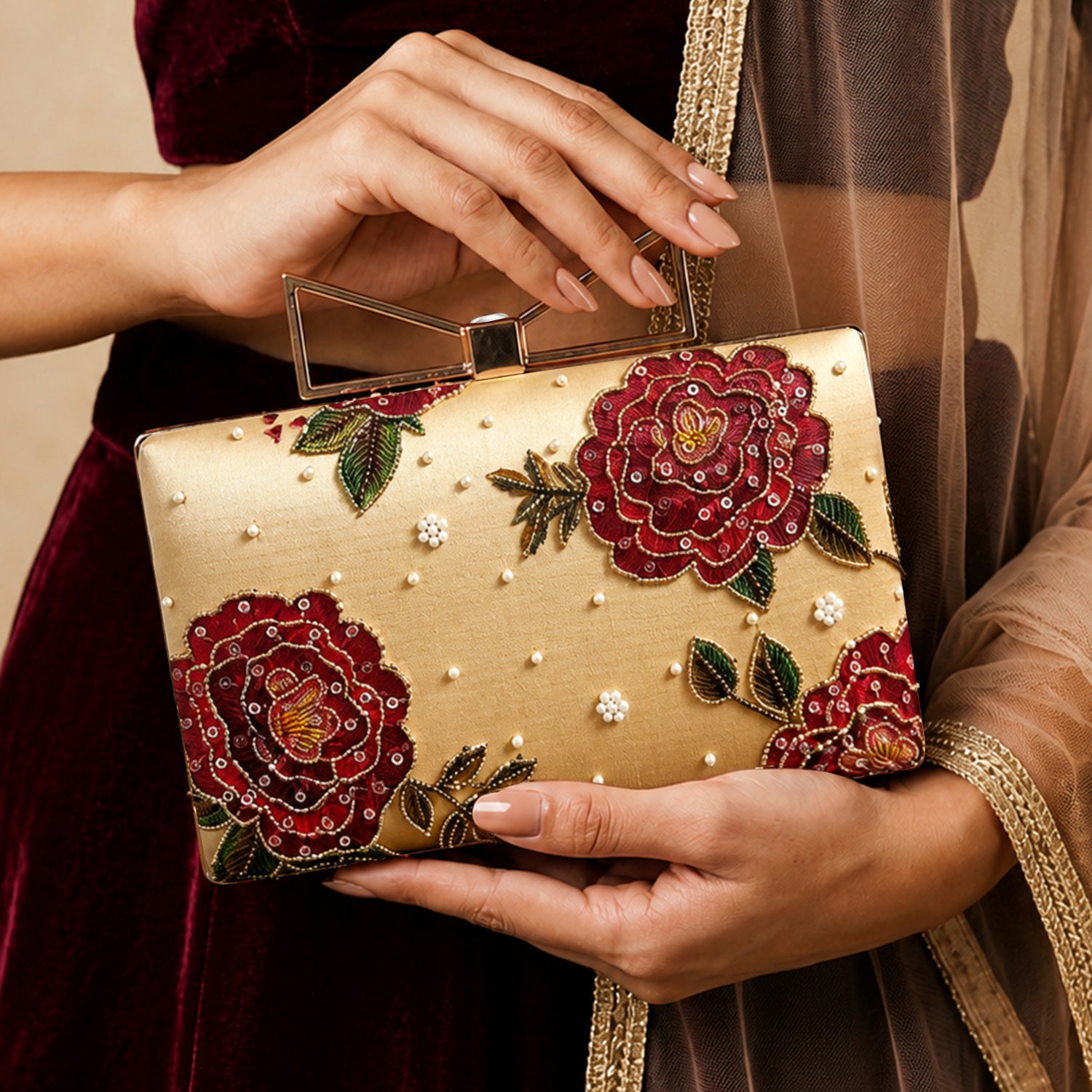 Artklim Printed Beige Red Rose Designer Clutch with Hand Embroidery