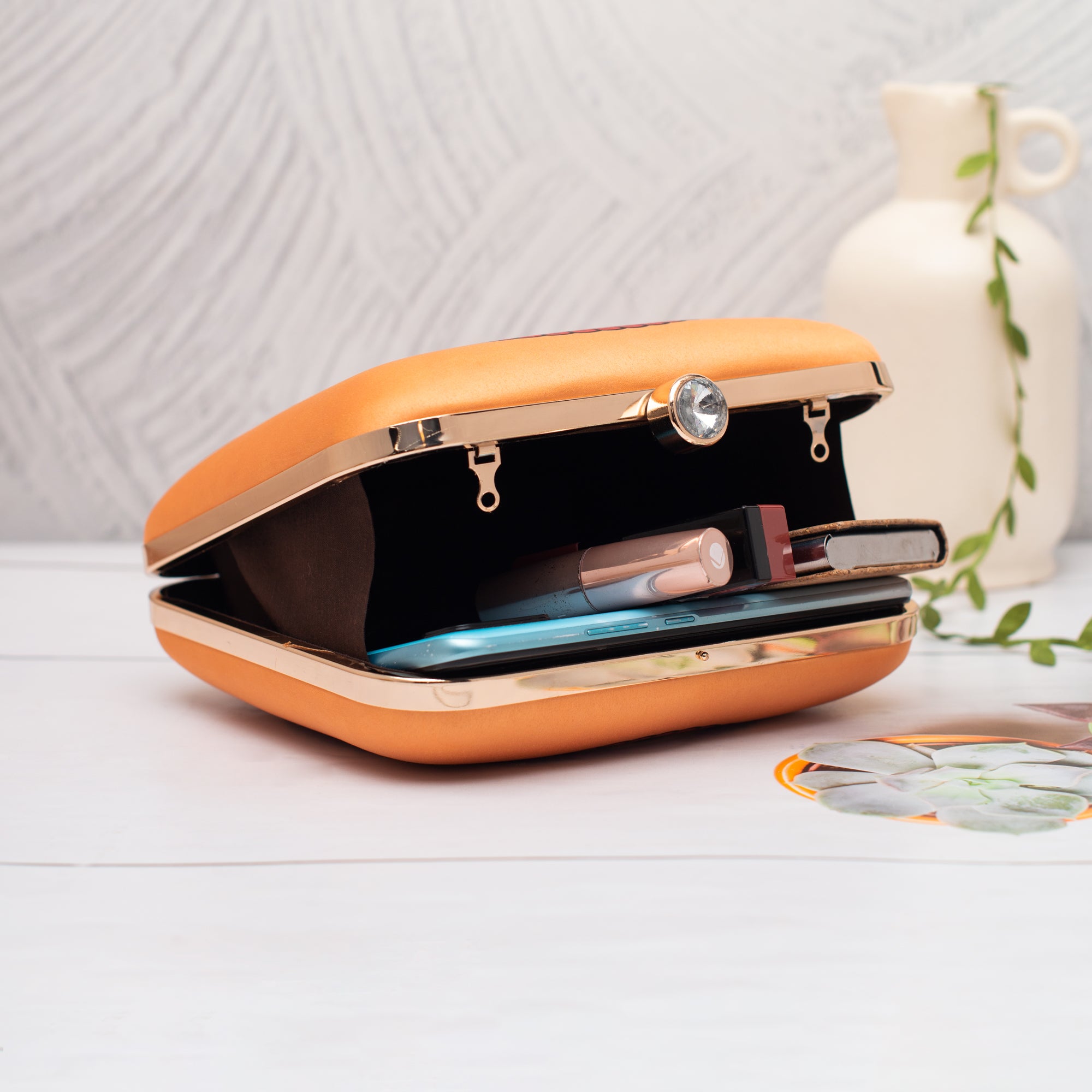 Artklim Orange with Madhubani Peacock Printed Clutch