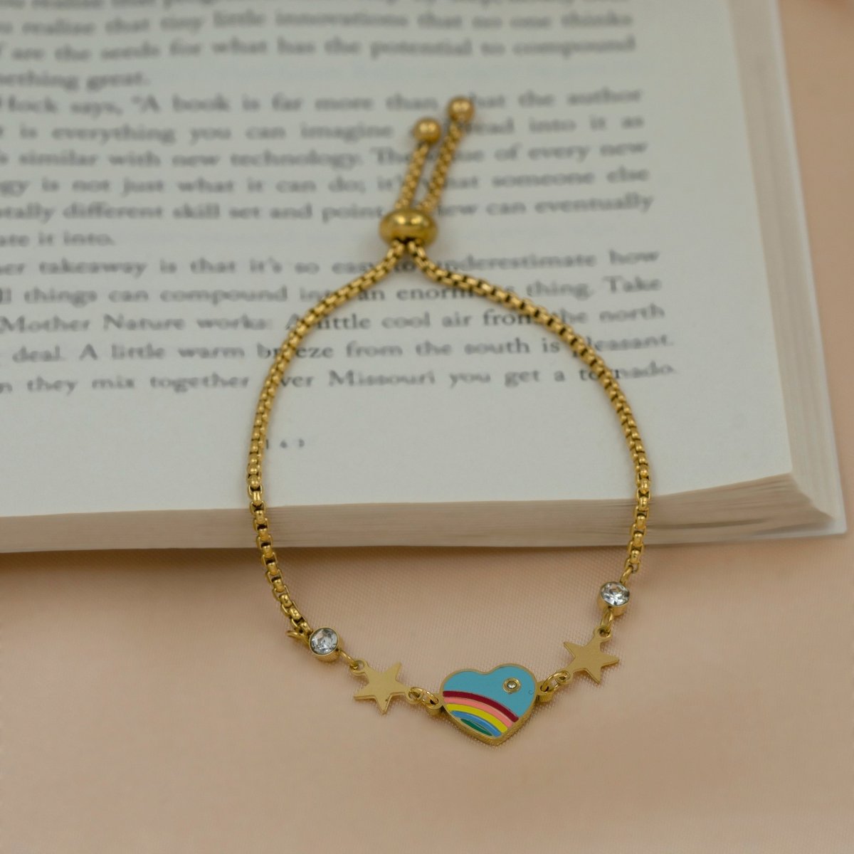 Artklim Gold Plated Heart Charm With Rainbow Stripes Bracelet