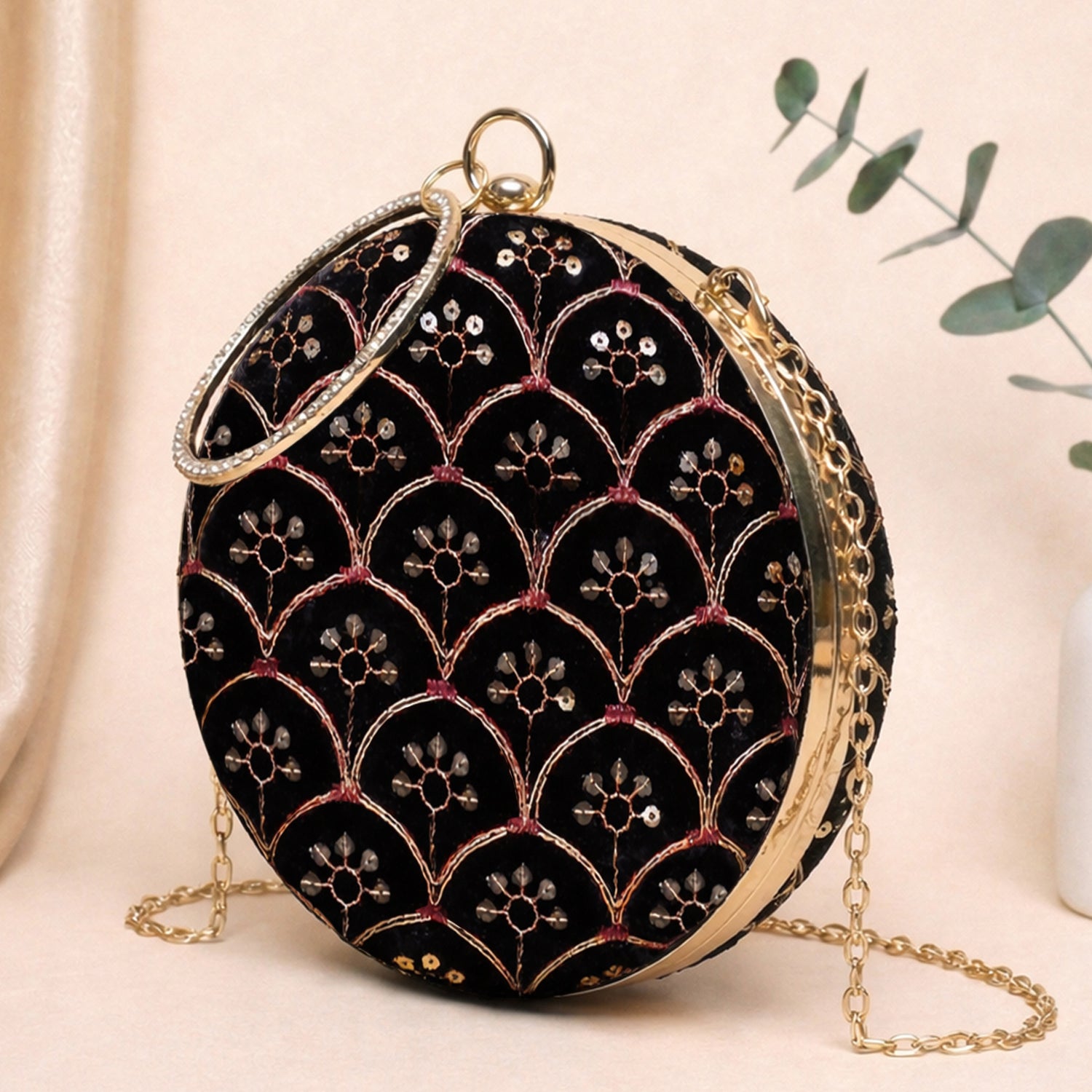 Artklim Black Based Golden Zari Embroidery Clutch