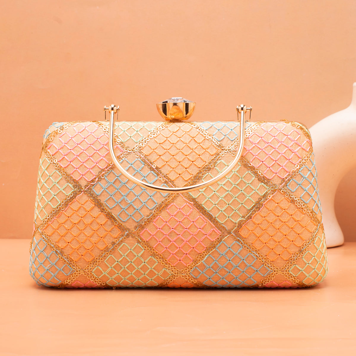 Artklim Beige Based Multicolored Threadwork Embroidery Clutch