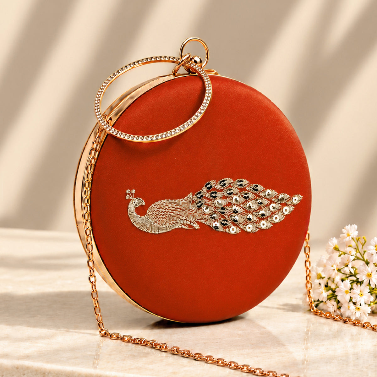 Artklim Elegant Rust Orange Embroidery Round Clutch Bag with Intricate Peacock Design