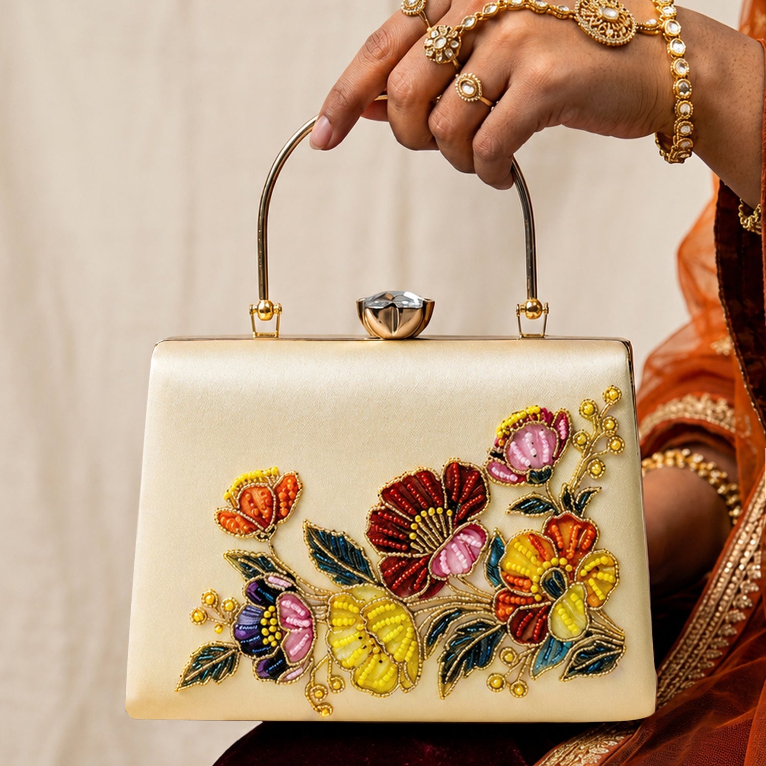 Artklim Floral Symphony Pearl Embroidered Clutch