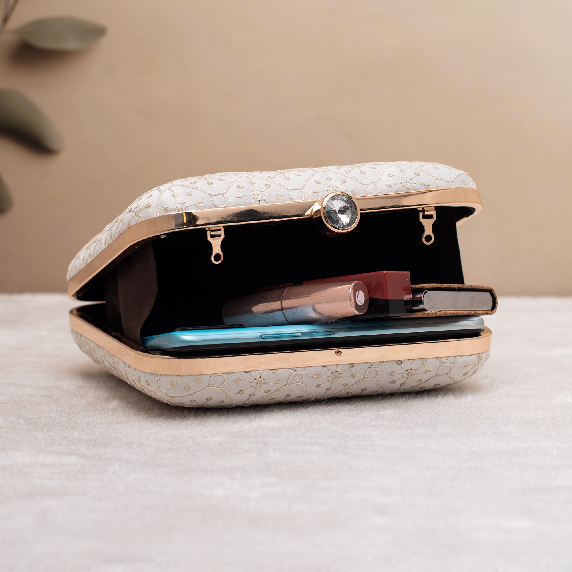 Artklim White with Brown - Red Colour Embroidery Clutch