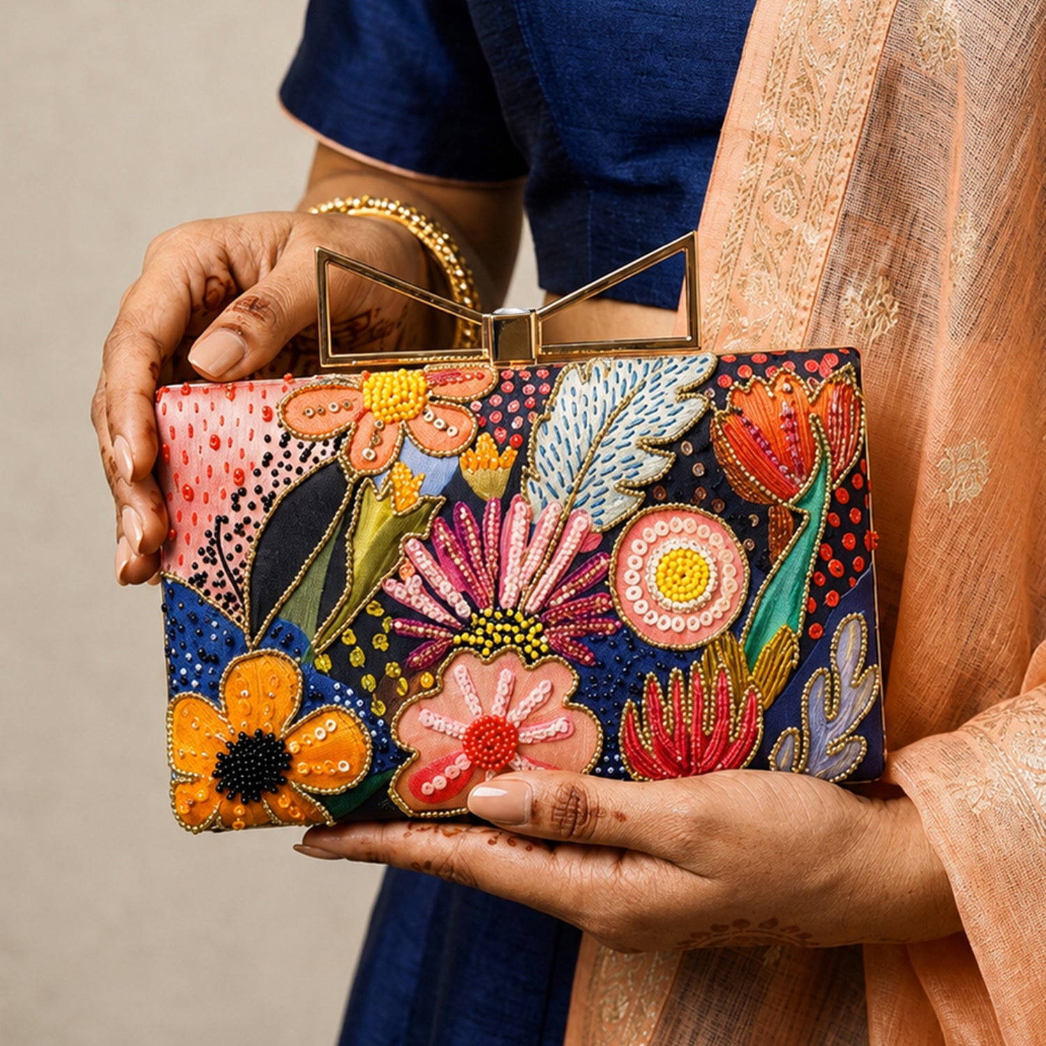 Artklim Printed Multicolor Abstract Floral Designer Clutch with Hand Embroidery