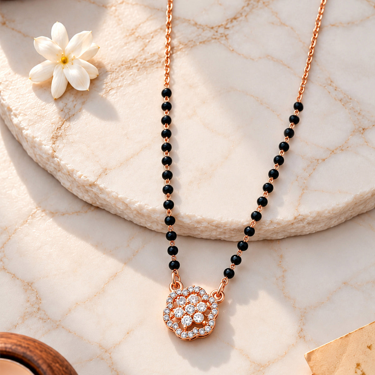 Artklim Elegant Rose Gold-Plated Floral Pendant Mangalsutra with Black Beads for Women