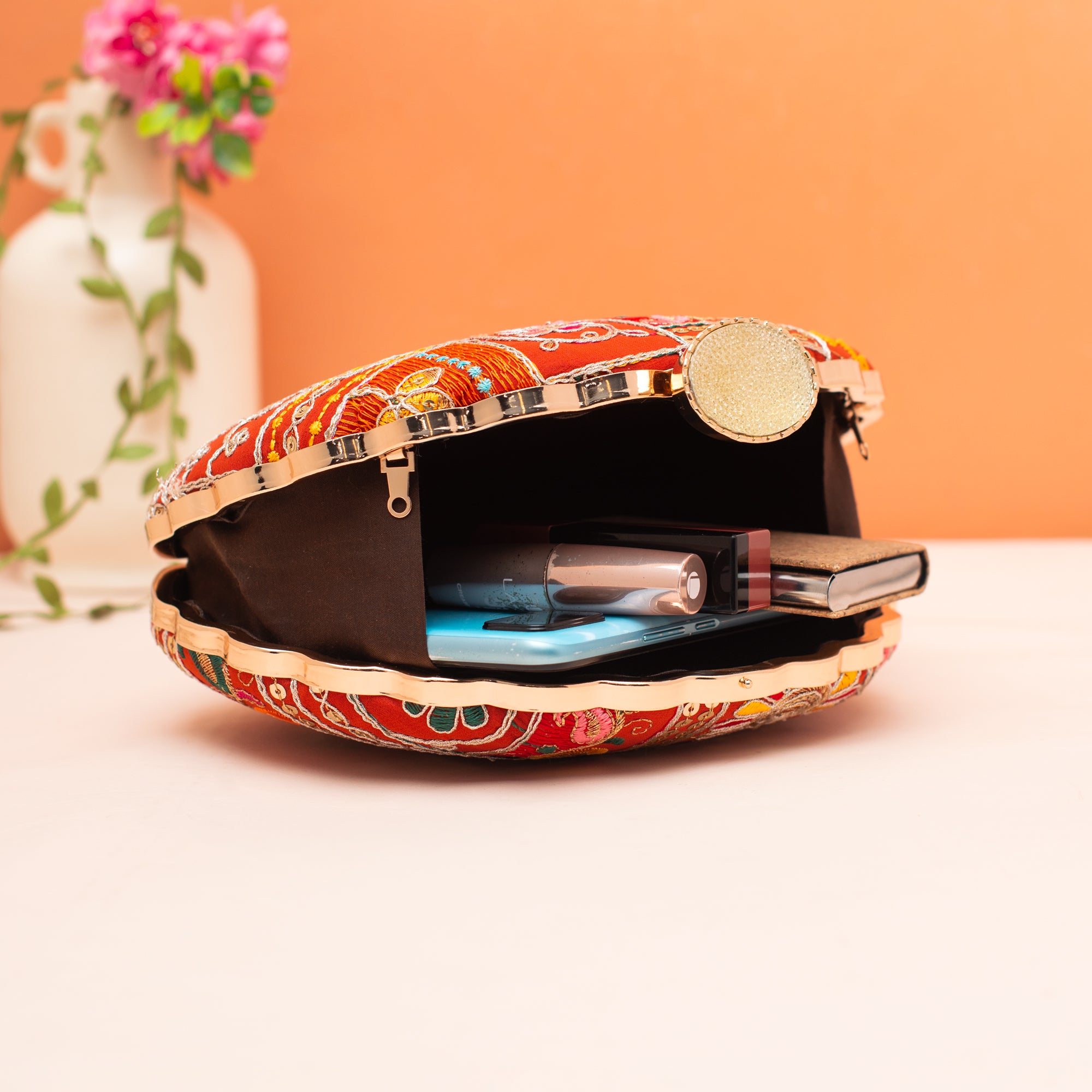 Artklim Red Sequins Embroidery D- Shape Clutch