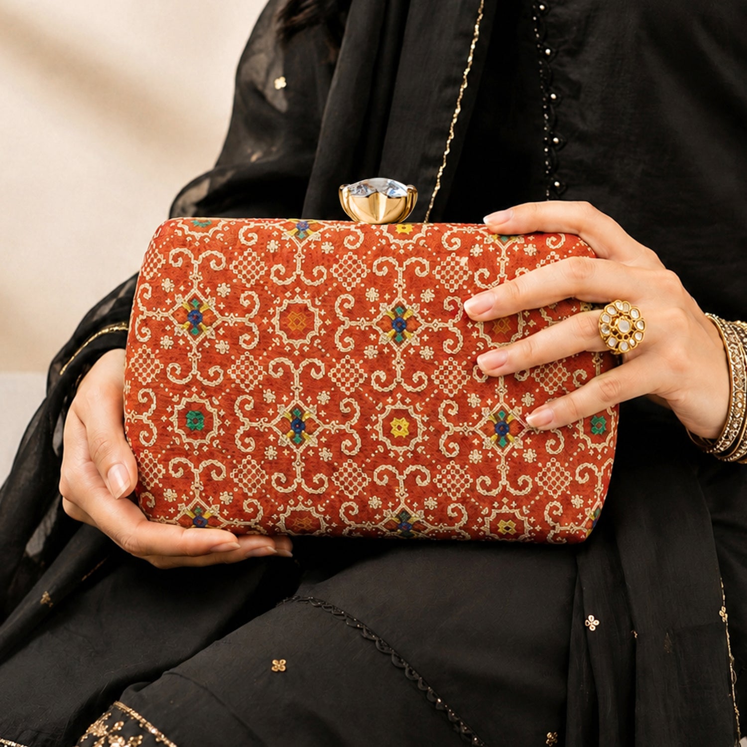 Artklim Rust Orange Ethnic Geometric Pattern Chain Strap Printed Clutch
