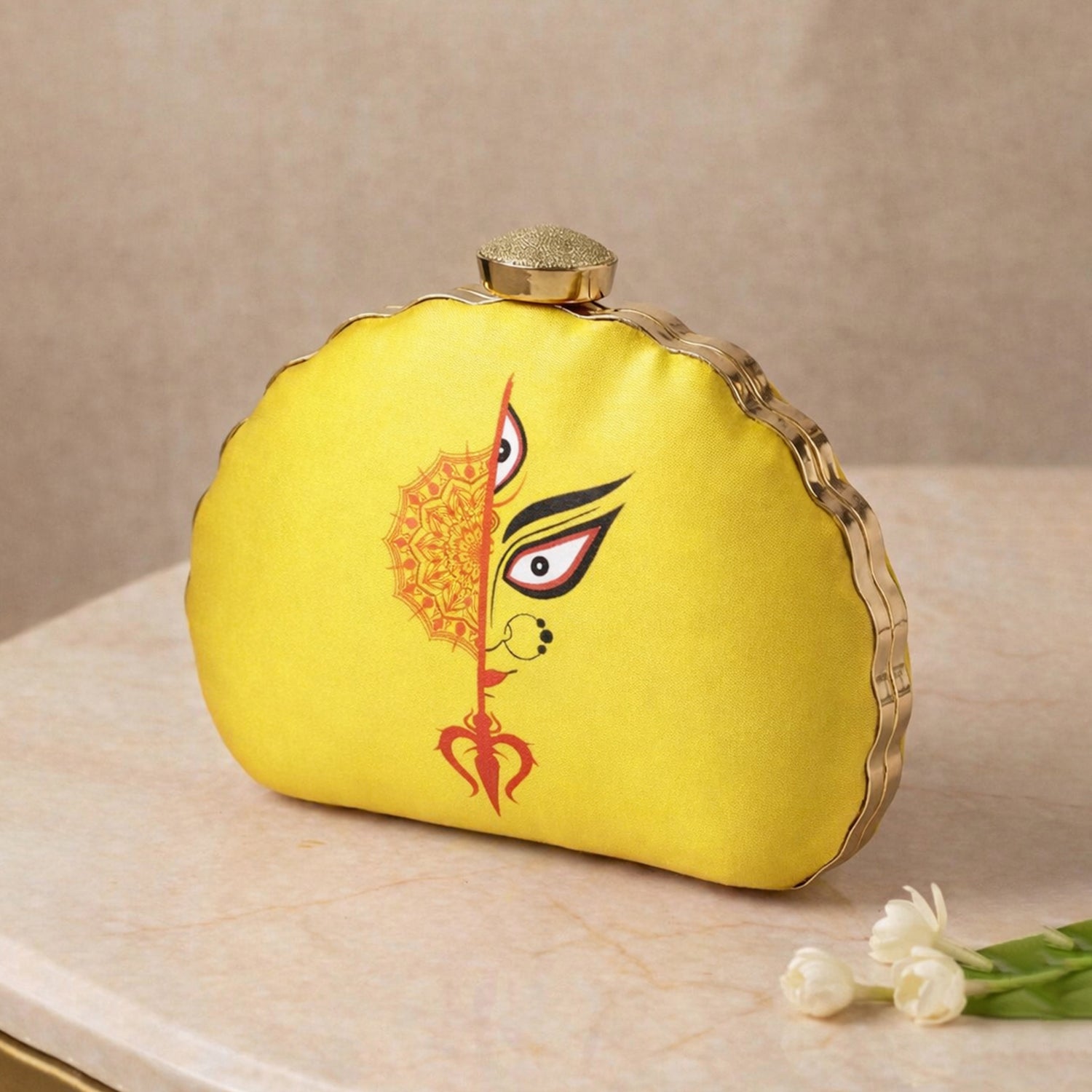 Artklim Yellow Durga Printed D-Shape Clutch
