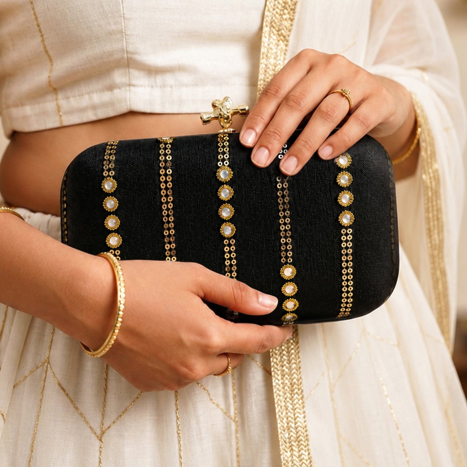 Artklim Elegant Black Embellished Embroidered Clutch Bag