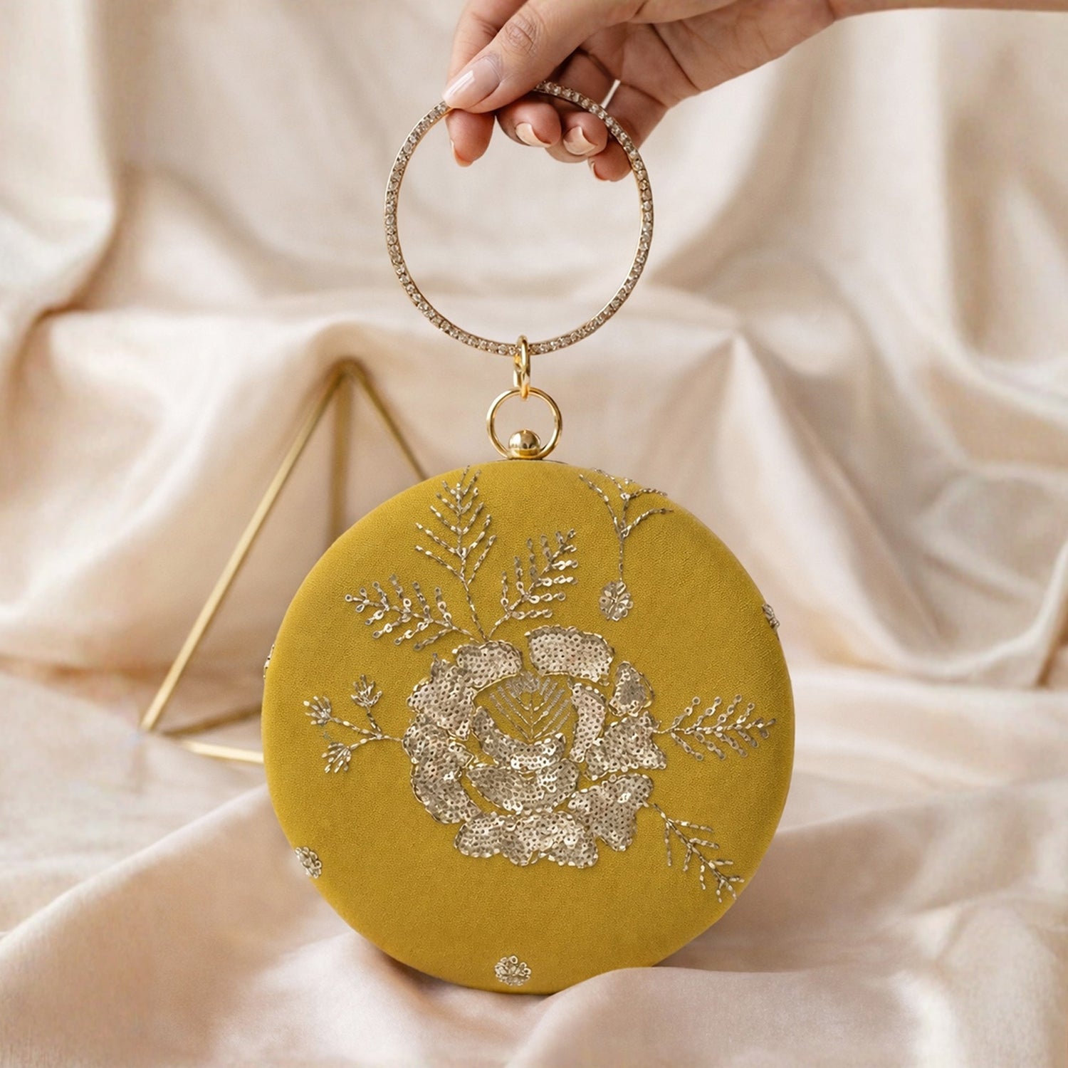 Artklim Mustard Yellow Floral Embroidered Round Clutch