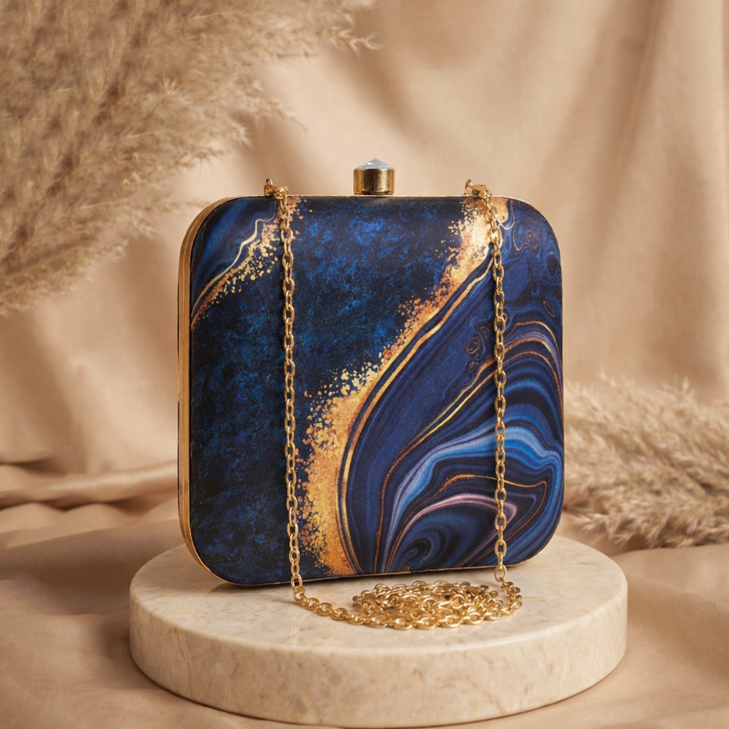 Artklim Blue Gold Printed Clutch