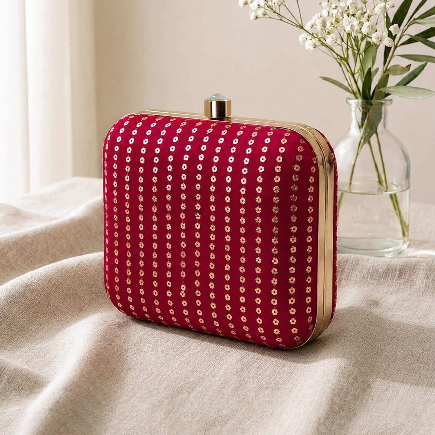 Artklim Magneta Pink Based Golden Sequins Embroidery Clutch
