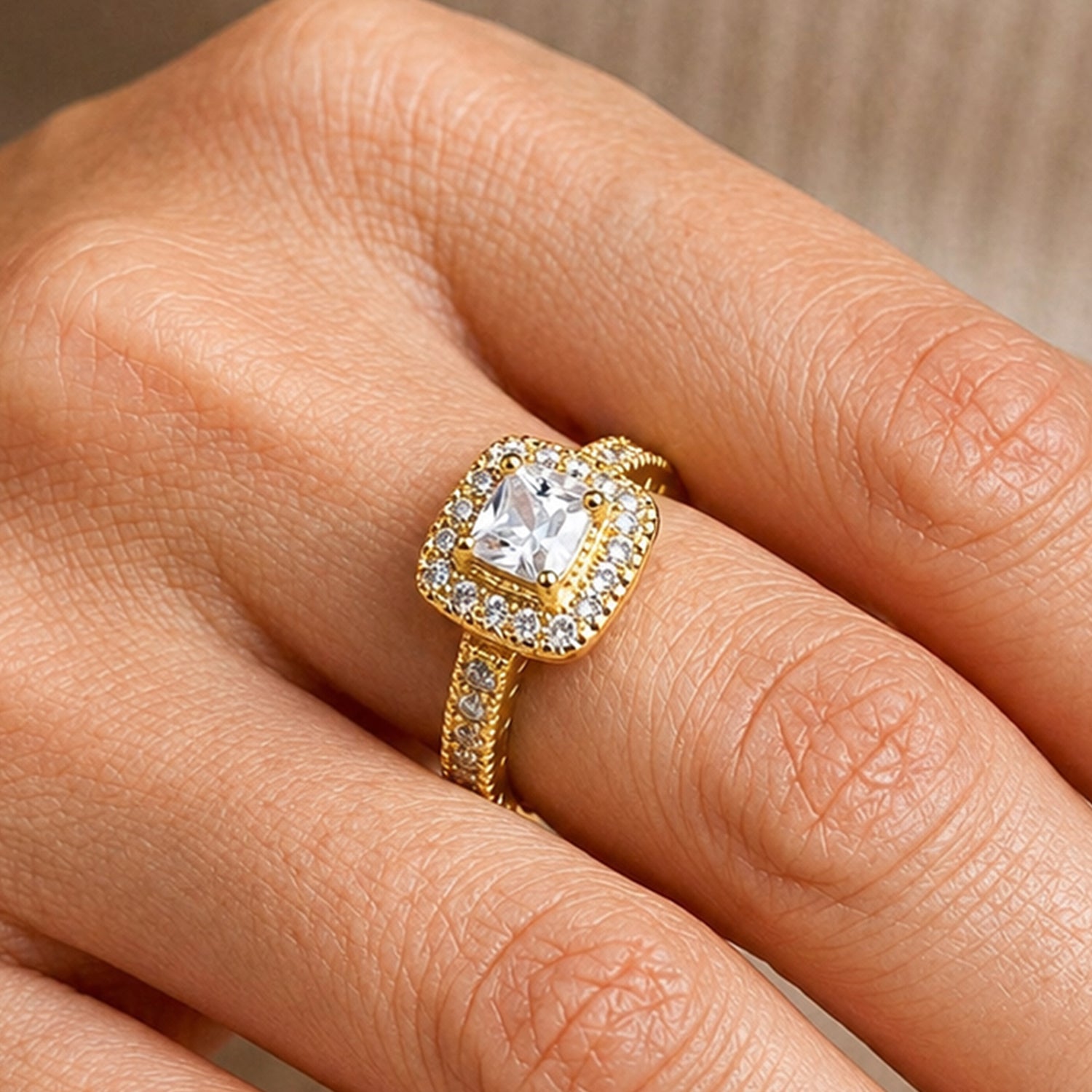 Artklim Princess Cut Halo Gold Anti-Tarnish Ring
