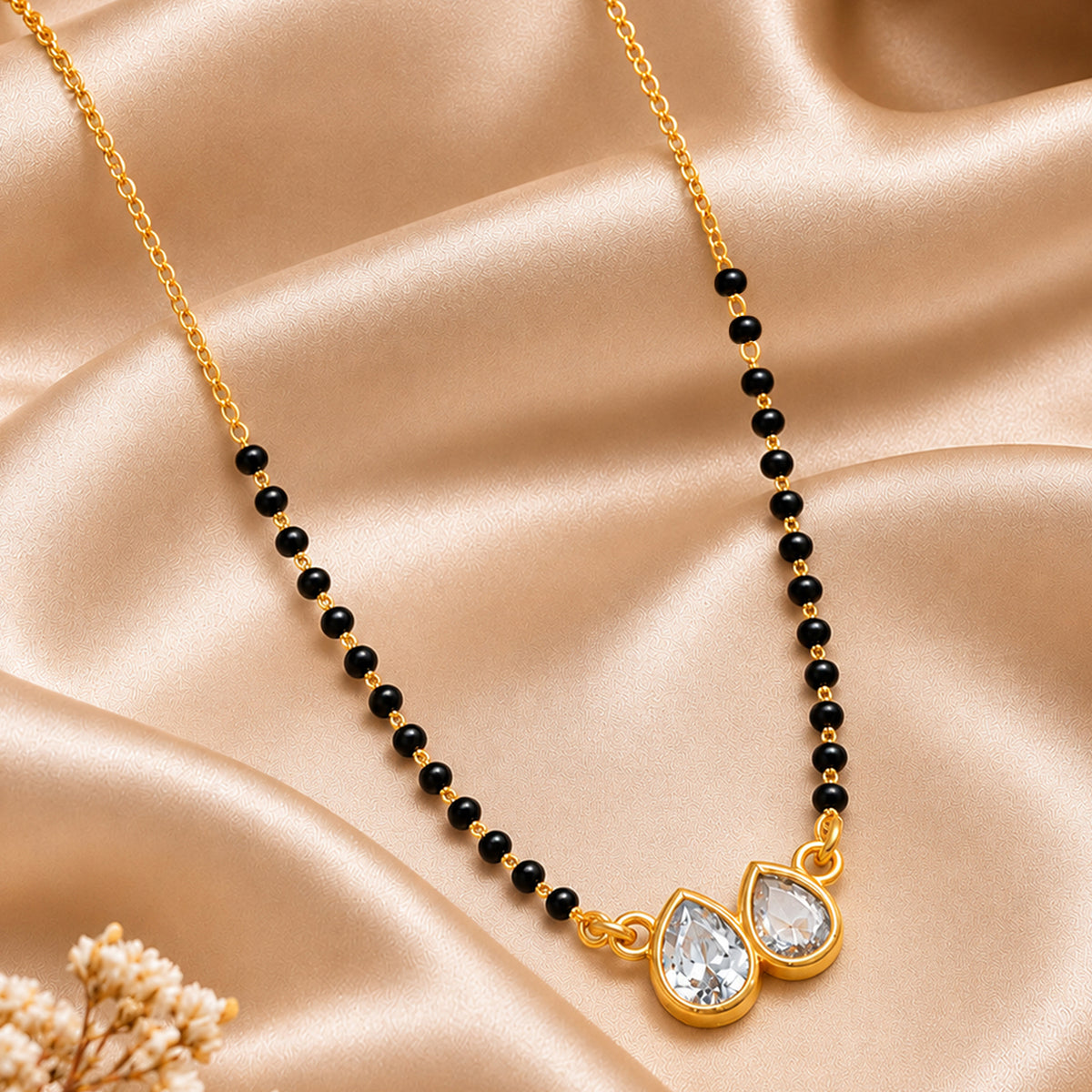 Artklim Elegant Dual Teardrop Crystal Gold-Plated Black Beads Mangalsutra