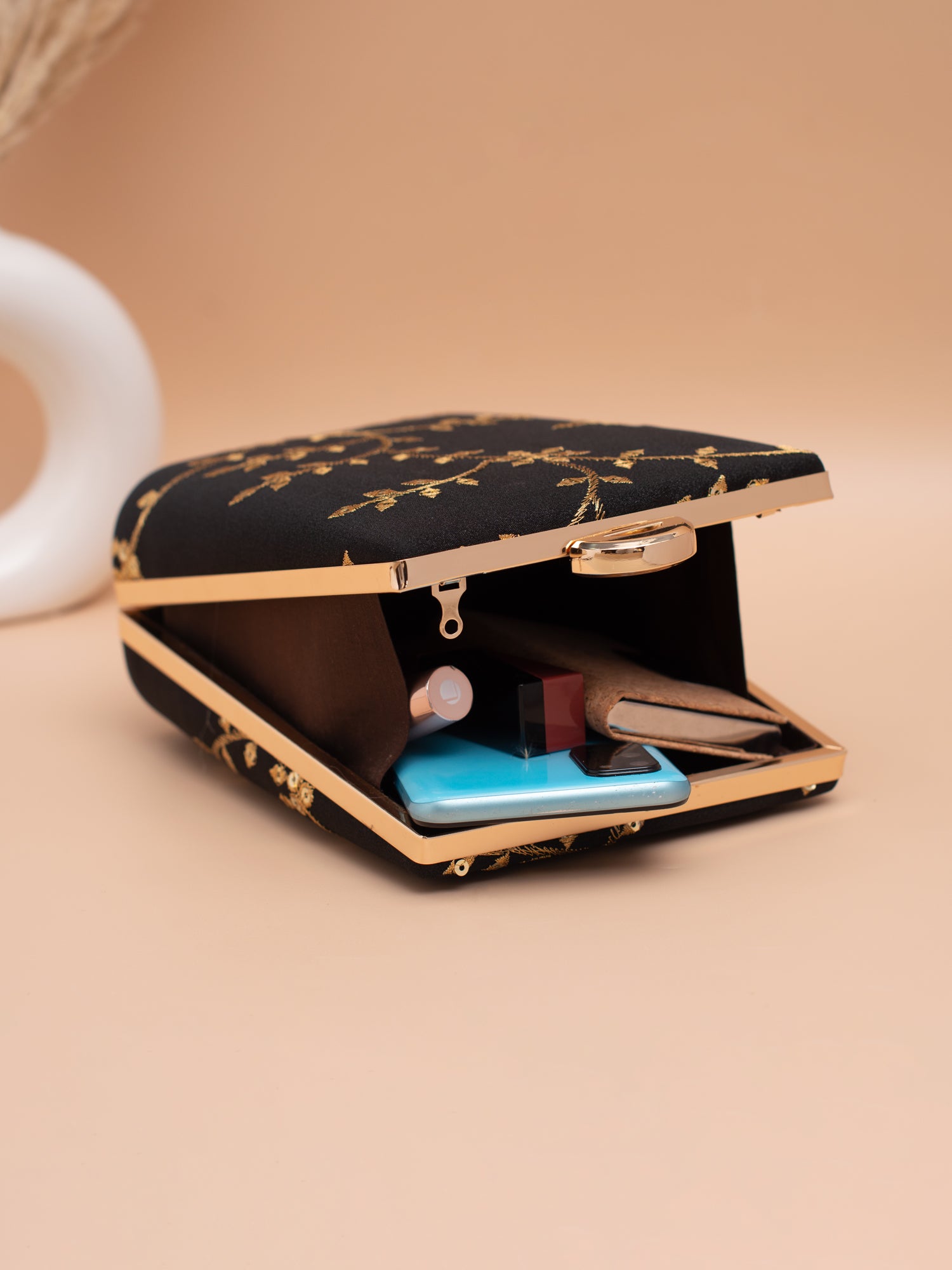 Artklim Black Clutch with Golden Vine