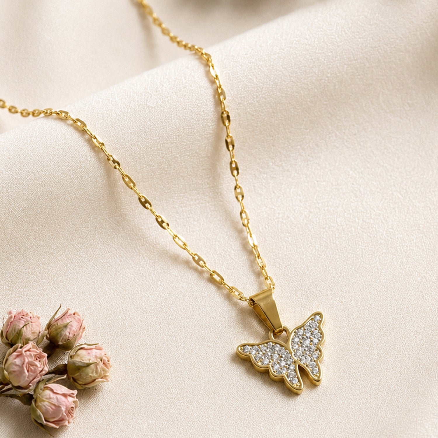 Artklim Butterfly Crystal Gold Anti-Tarnish Pendant Necklace