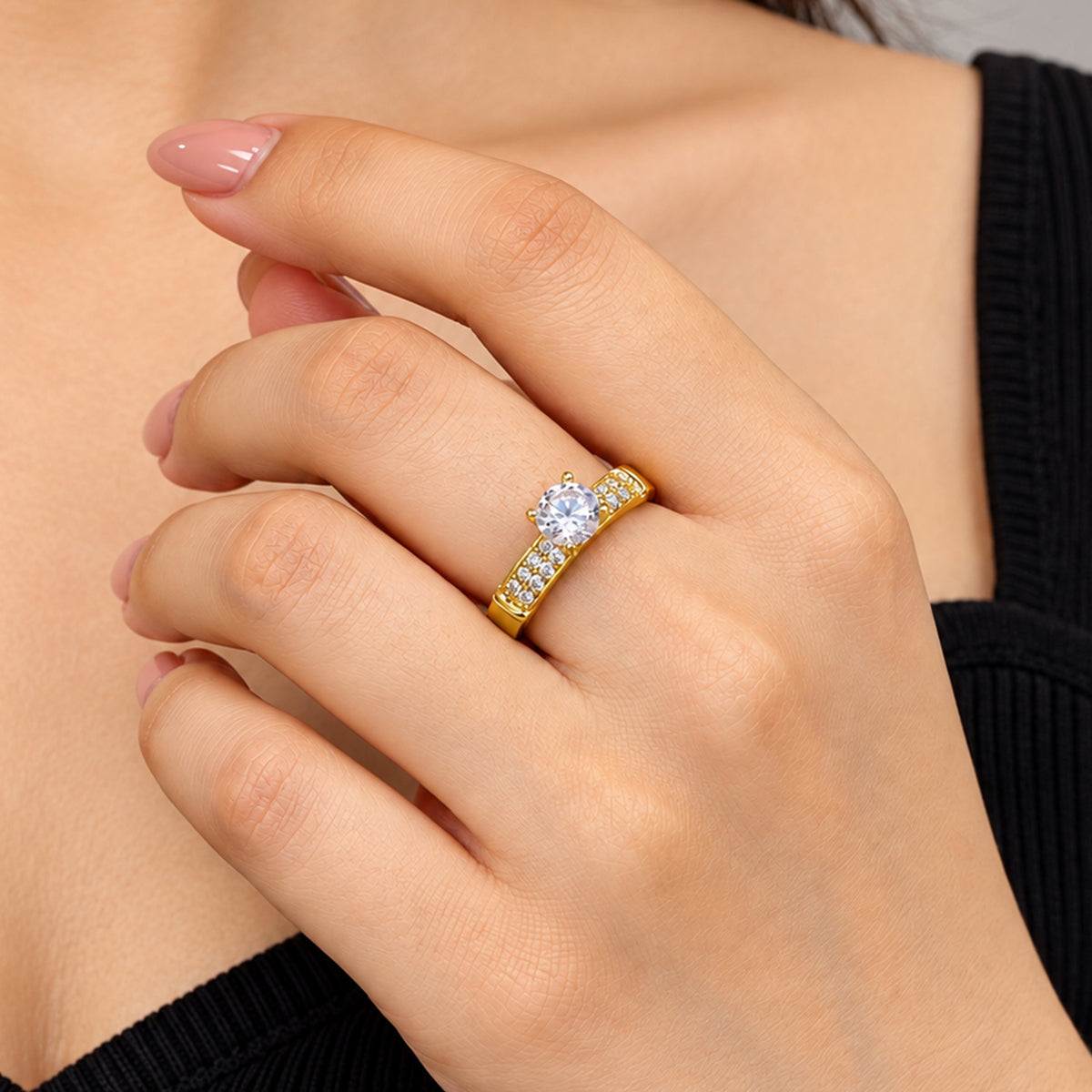 Artklim Radiant Solitaire Crystal Gold-Tone Anti-Tarnish Ring