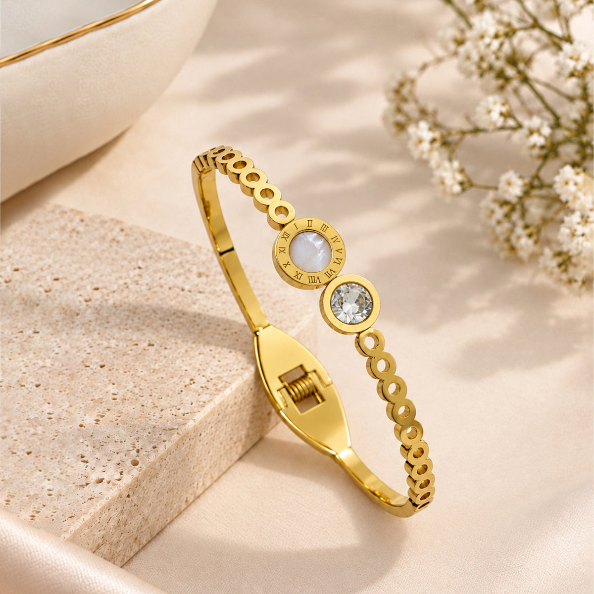Artklim Elegant Dual Circle Crystal Cuff Anti-Tarnish Bangle Bracelet