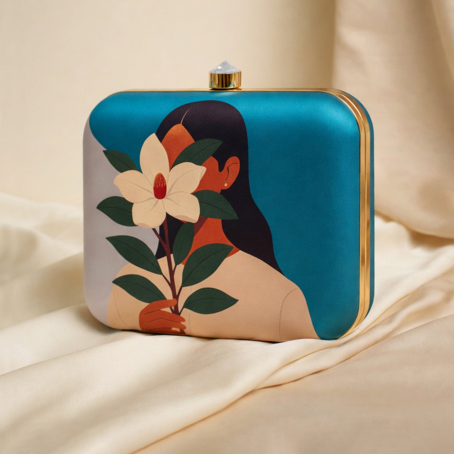 Artklim Blue Based Girl With Magnolia Flower Portrait Printed Clutch
