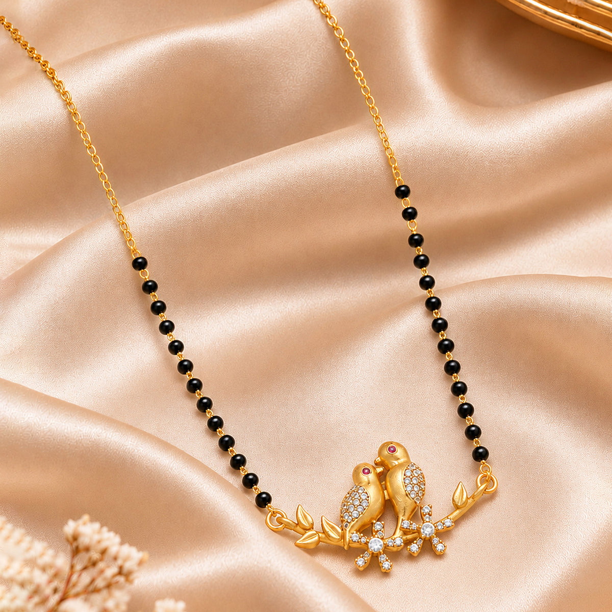 Artklim Royal Twin Peacock Design Gold-Plated CZ Mangalsutra with Black Beads