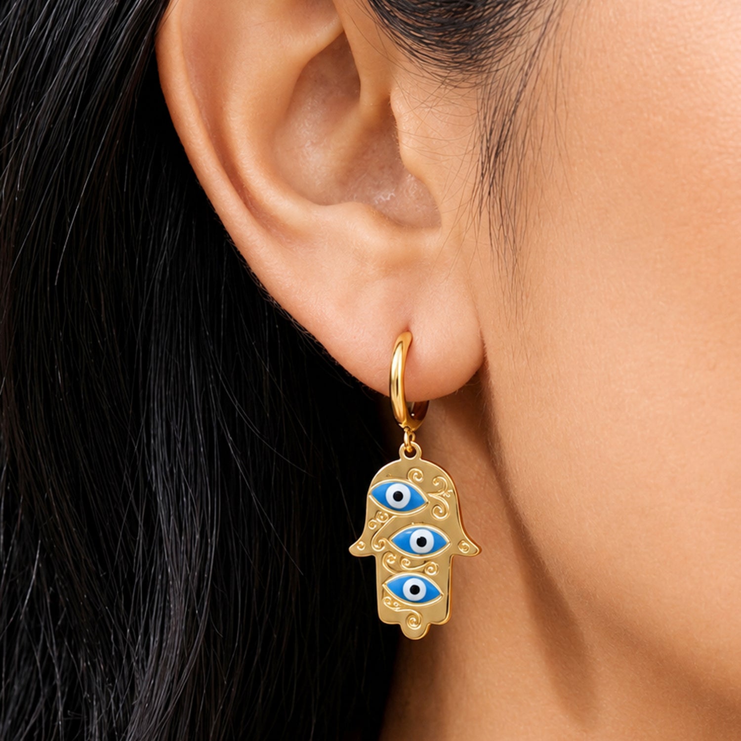 Artklim Triple Evil Eye Hamsa Hoop Anti-Tarnish Earring