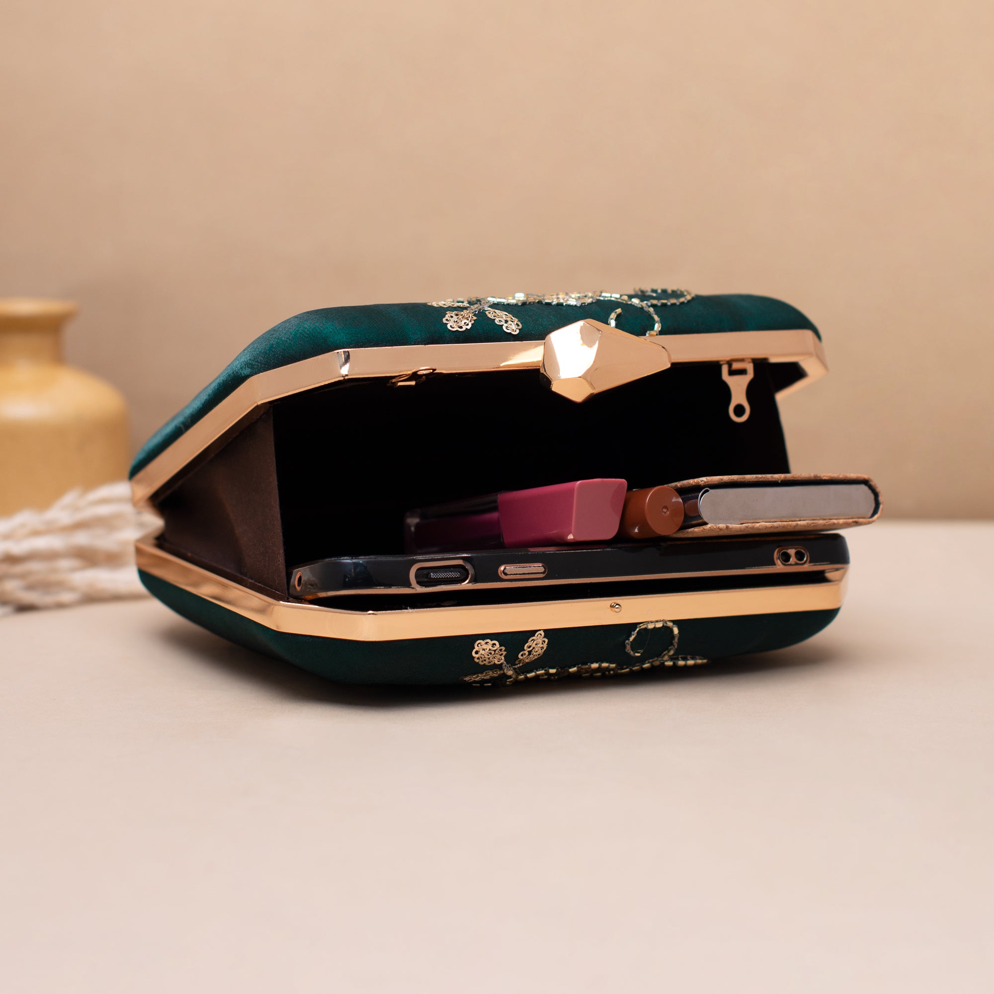 Artklim Luxury Green Gold Thread Floral Clutch