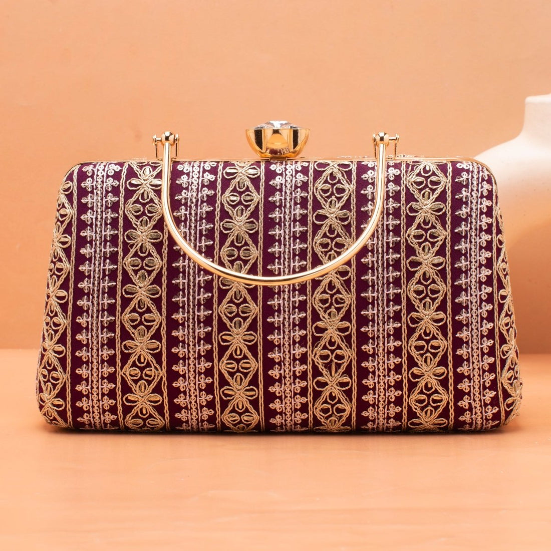 Artklim Wine Based White And Golden Threadwork Embroidery Clutch