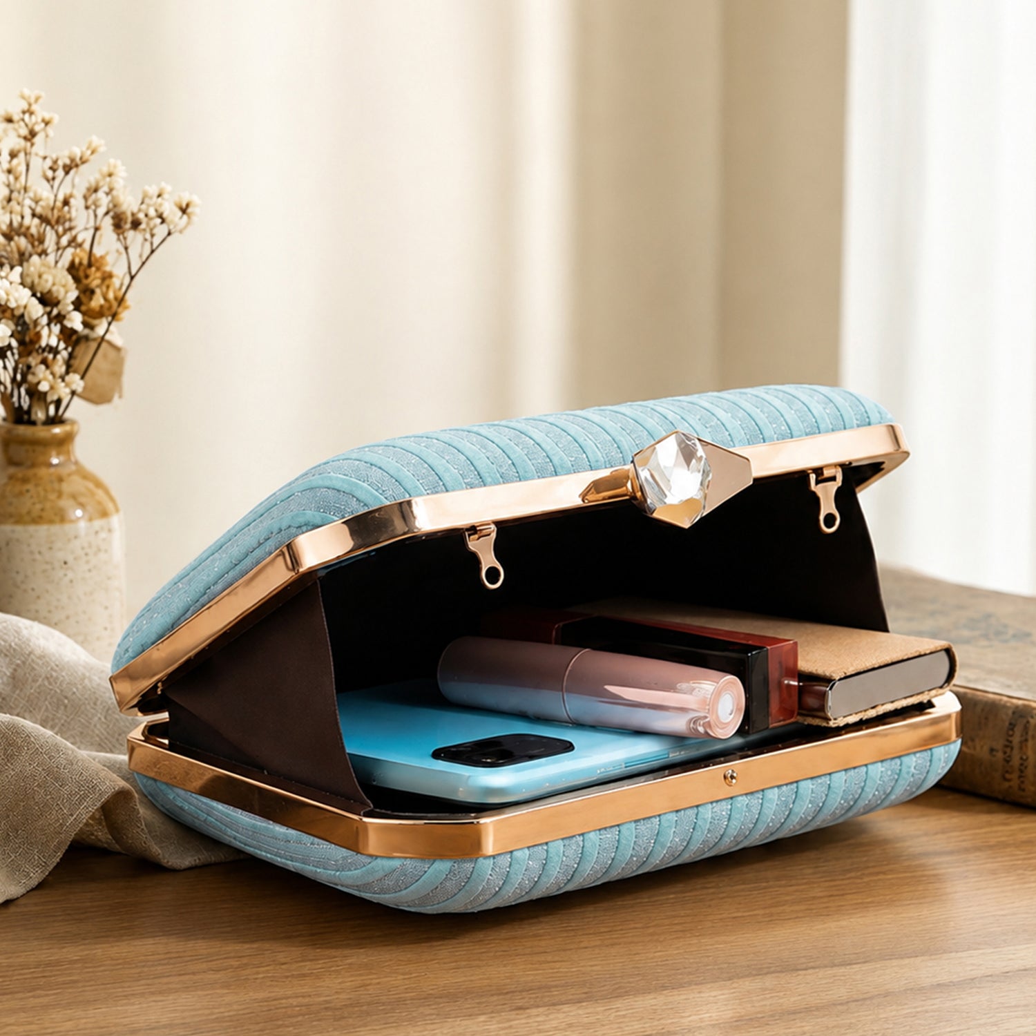 Artklim Blue Embroidered Striped Clutch